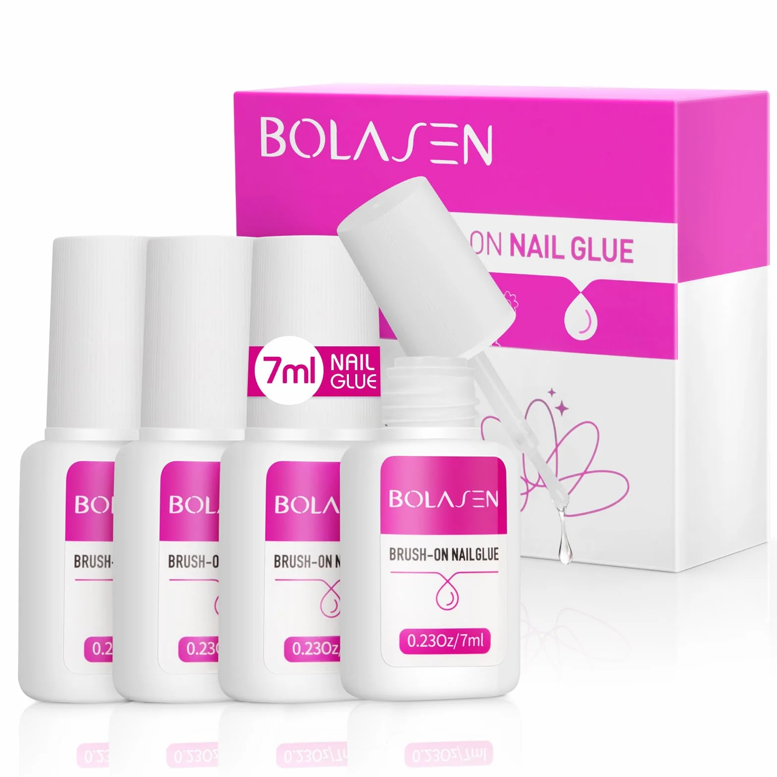 BOLASEN Colle à ongles acrylique super forte avec pinceau 4 x 7 ml