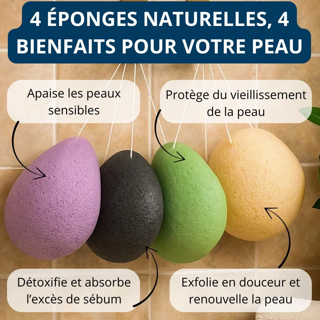 Eponges de Konjac Bio visage thé vert charbon lavande coques de noix Lot de 4 gouttes exfoliante végétale naturelle nettoyante