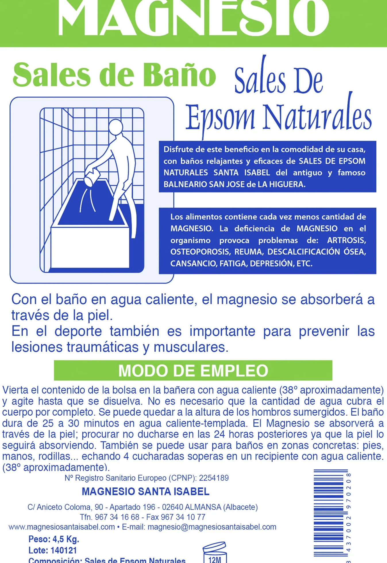 Sel d'Epsom Naturel 4,5 kg - Magnésium Santa Isabel. Sulfate de Magnésium Pur des Anciens Thermes de La Higuera - Sels de Bain Relaxants pour Bain de Pieds, Récupération Musculaire et Enveloppements