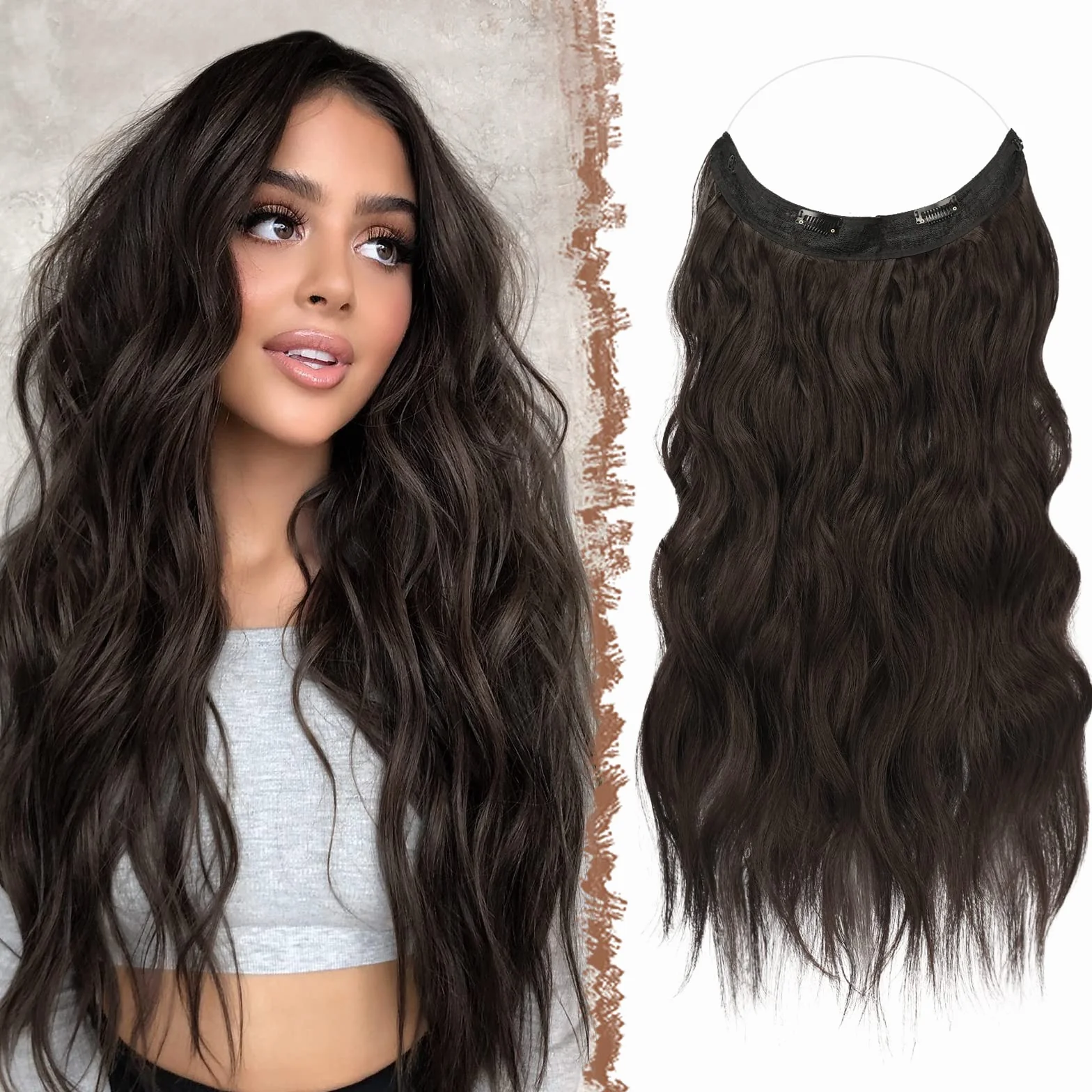 FESHFEN Extension Cheveux Fil Invisible Naturel - Longue Ondulés Fil Secrets Wire Hair Extensions Brun Foncé Synthétique Rajout Cheveux pour Femme, 50 cm