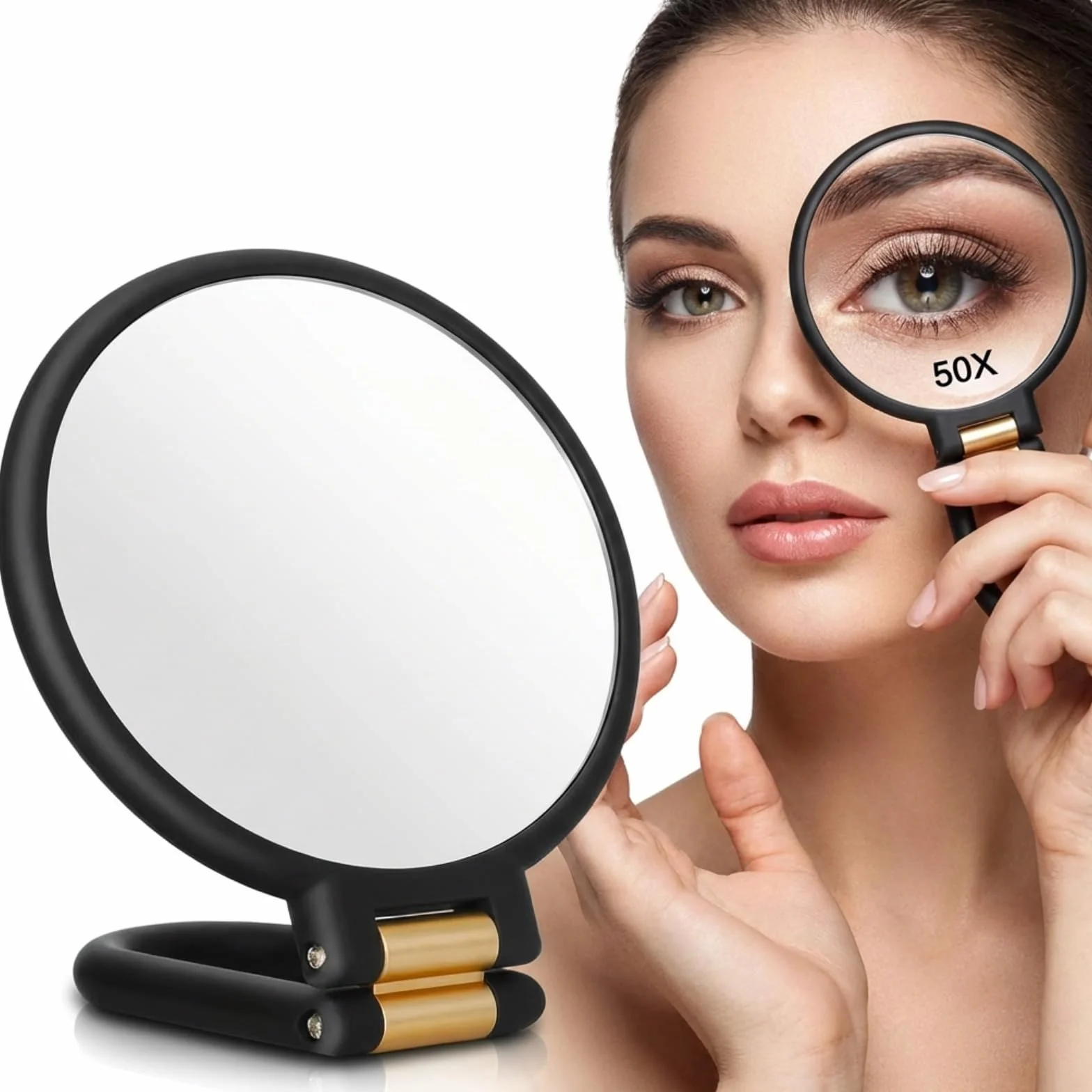 Miroir Grossissant de Maquillage x50, Double Face Portable Mural avec Poignée Réglable 360°
