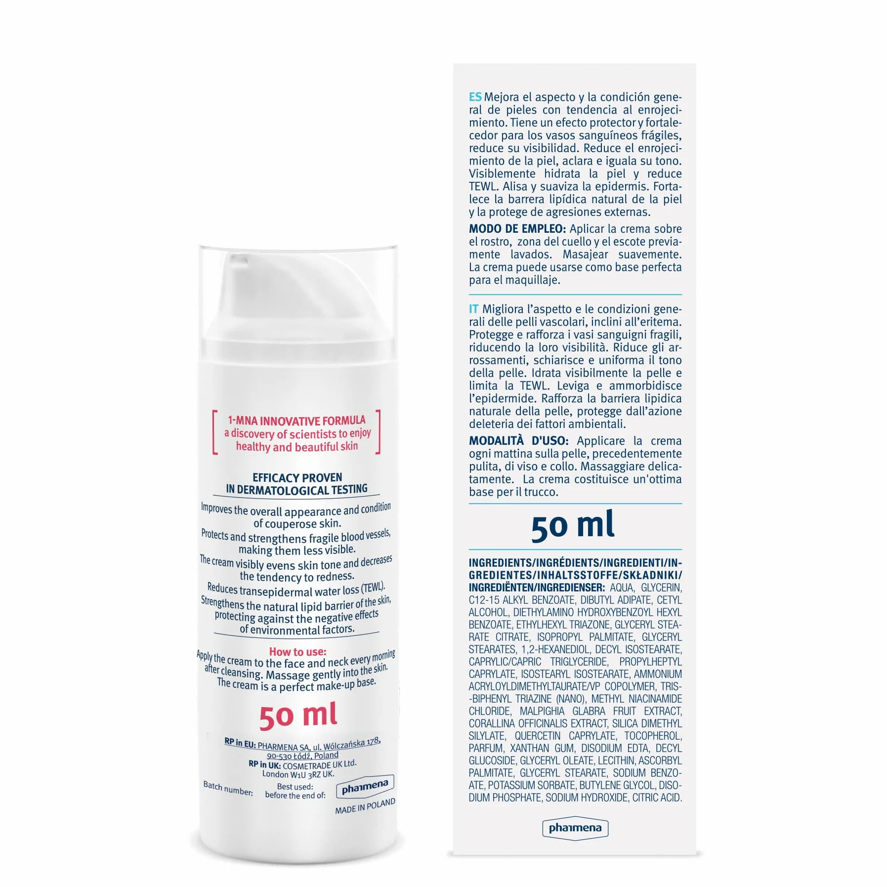 Crème de jour anti-rosacée, rougeurs et couperose, pour peaux sujettes aux érythèmes, enrichie en filtres à rayons UVA/UVB, molécule 1-MNA, coralline officinale rouge et fruit d'acérola
