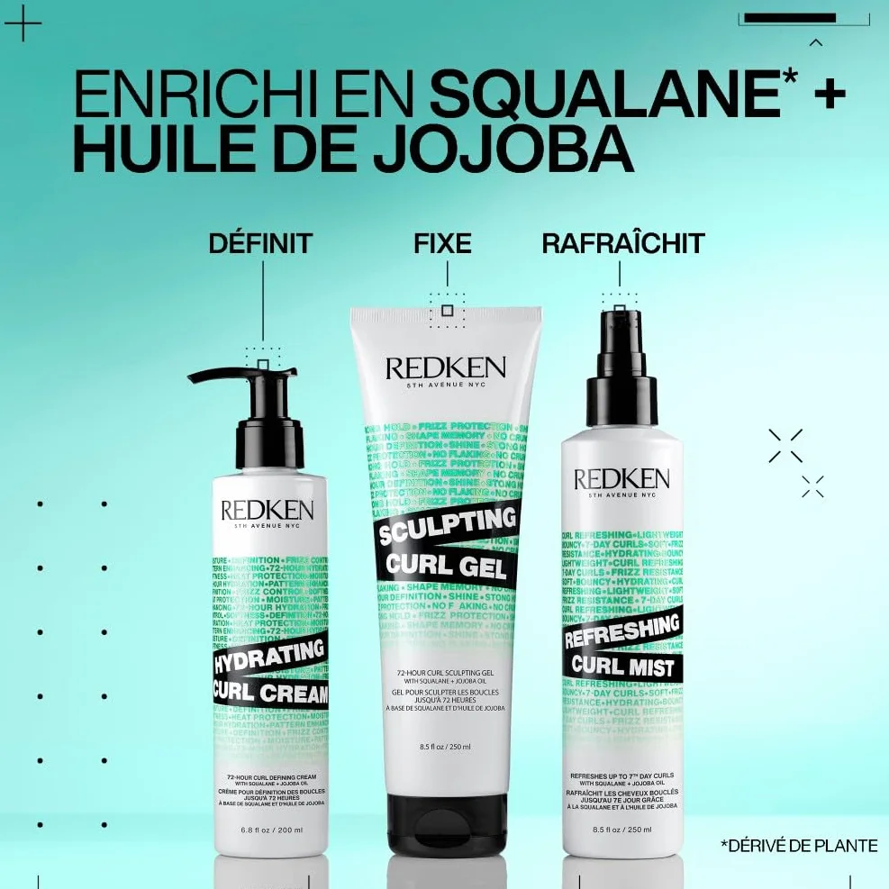 REDKEN, Gel de Fixation 72h, Hydrate & Fixe les Boucles, Formule à l'Huile de Jojoba & Squalane, Cheveux Bouclés, Frisés & Crépus, Vegan, Sans Silicone & Sans Sulfate, Hybrid Curl Stylers, 250ml