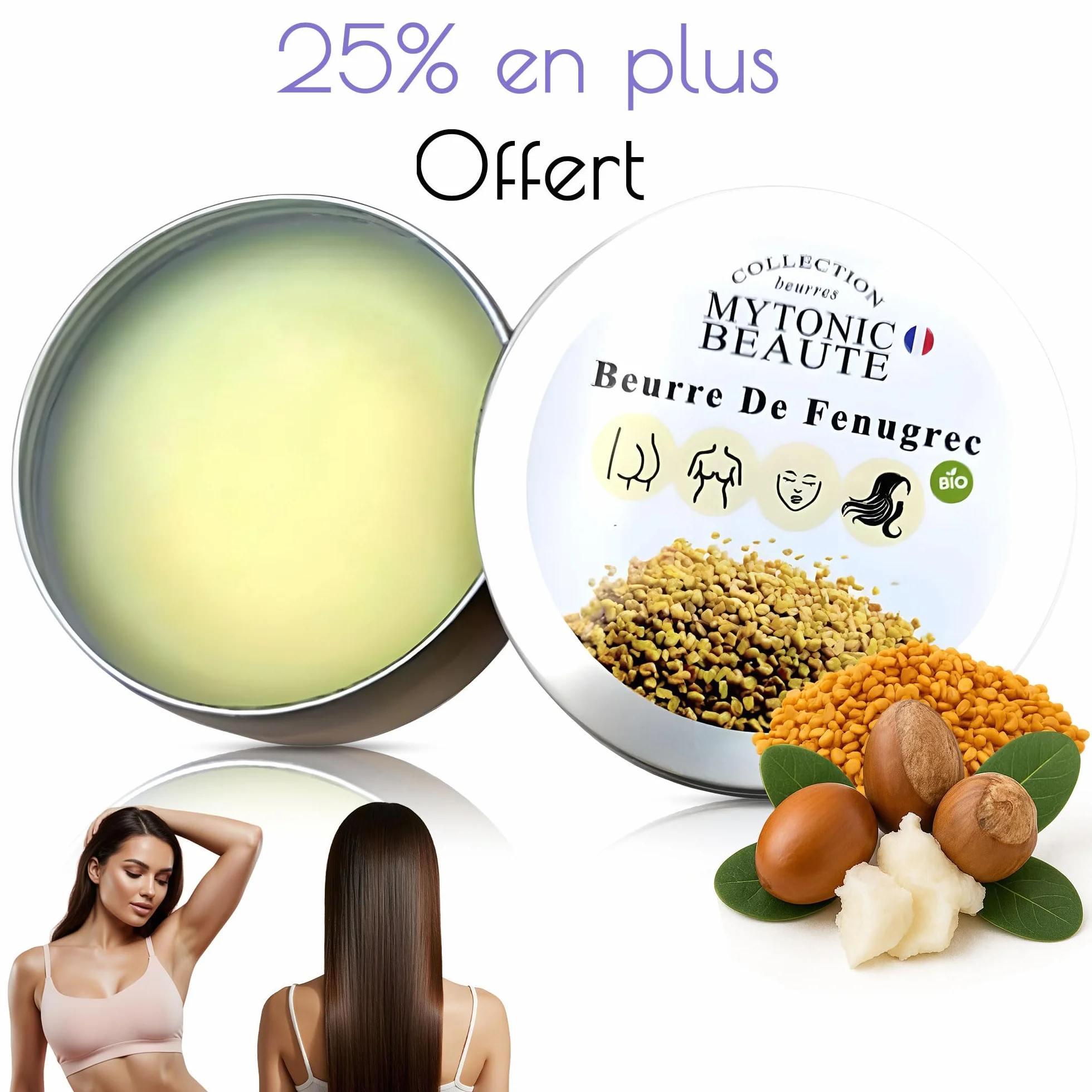 Soin Corporel Beurre de Fenugrec Bio pour Poitrine, Fesses, Hanches, Acné, Cheveux et Visage125gr | Hydratant - Nourrissant | Volumisant | Concentré 25% EN PLUS (125g)