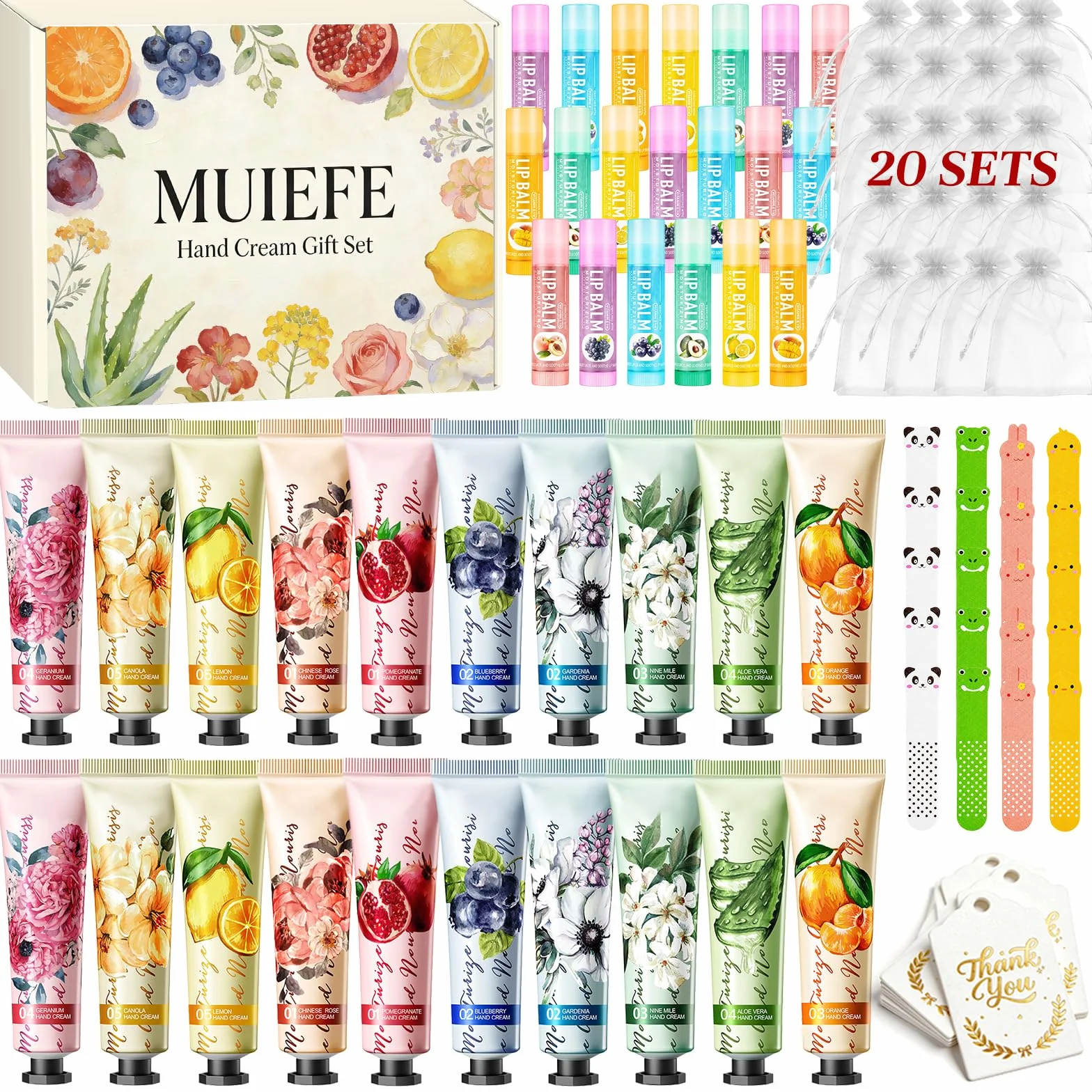 100Pcs Mini Crèmes pour les Mains, Coffret Crème de Mains pour Femme, Coffret Cadeaux Incluant Crèmes pour les Mains, Baumes à Lèvres, Mini-Limes à Ongles, Sachets en Organza & Cartes de Remerciement