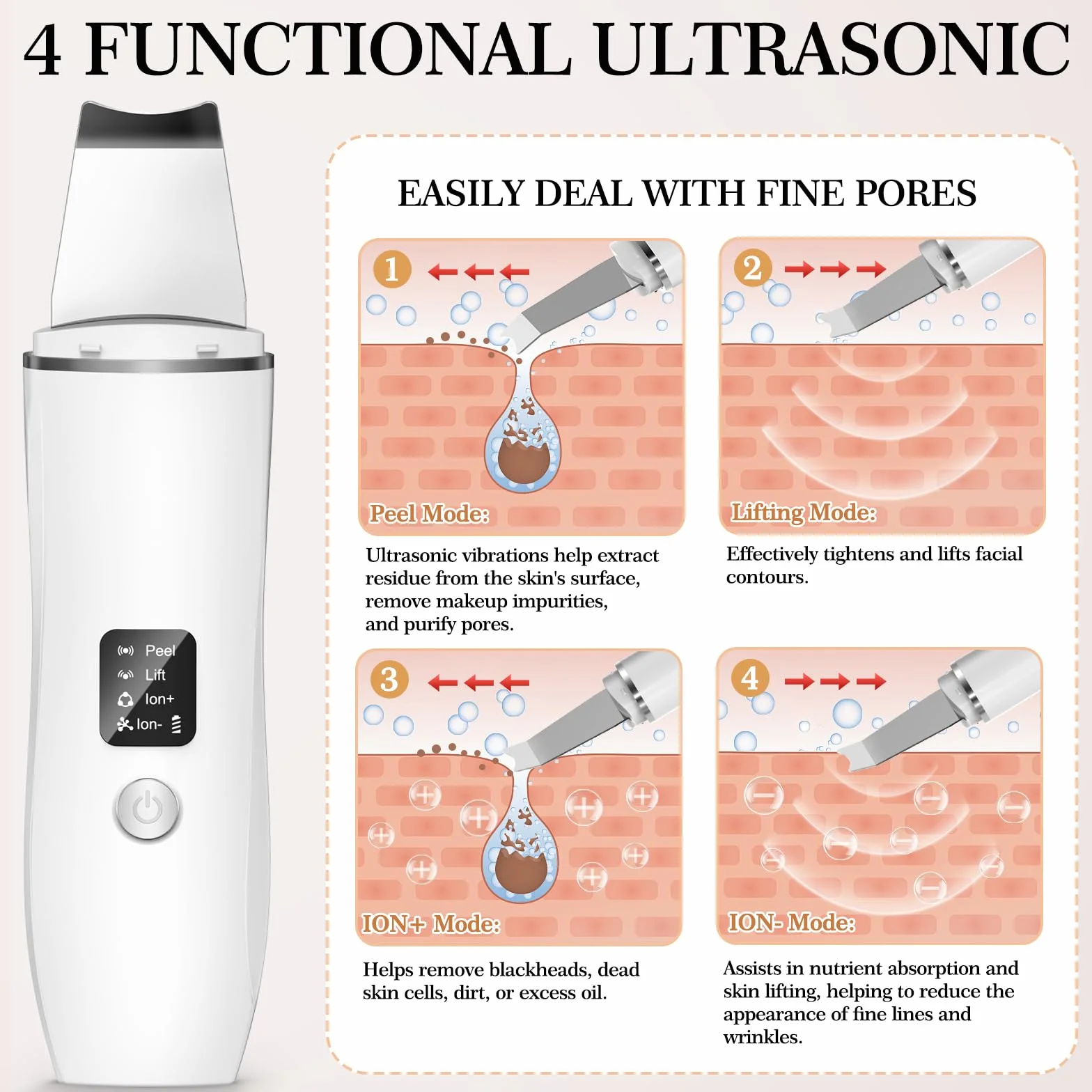 Appareil exfoliant ultrasonique pour la peau, élimine les points noirs, nettoie les pores et les rides, nettoie le visage en profondeur, 4 modes, rechargeable par USB, 2 protections en silicone
