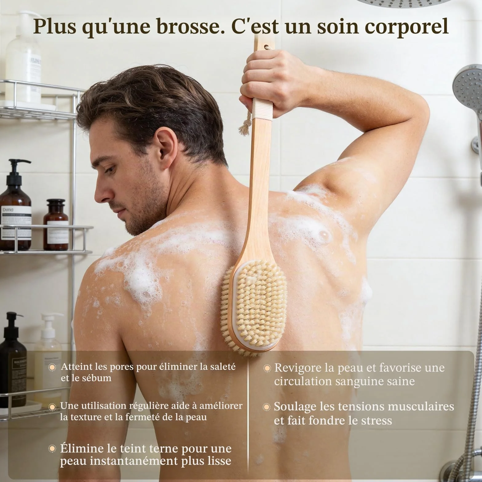 Brosse Dos Douche Long Manche 43 cm, Exfoliante Corps Humide et Sèche