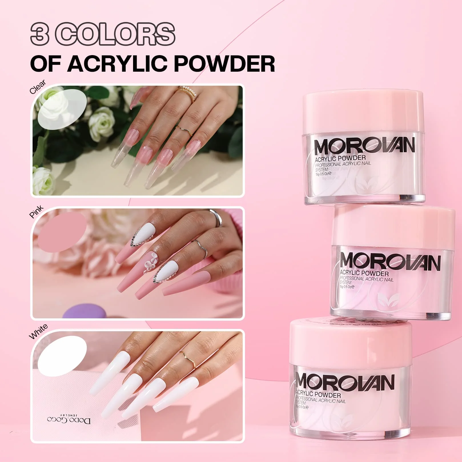 Morovan Kit Poudre Acrylique pour Ongles 3 Couleurs 3 Pinceaux Professionnels Débutants Art de l'Ongle