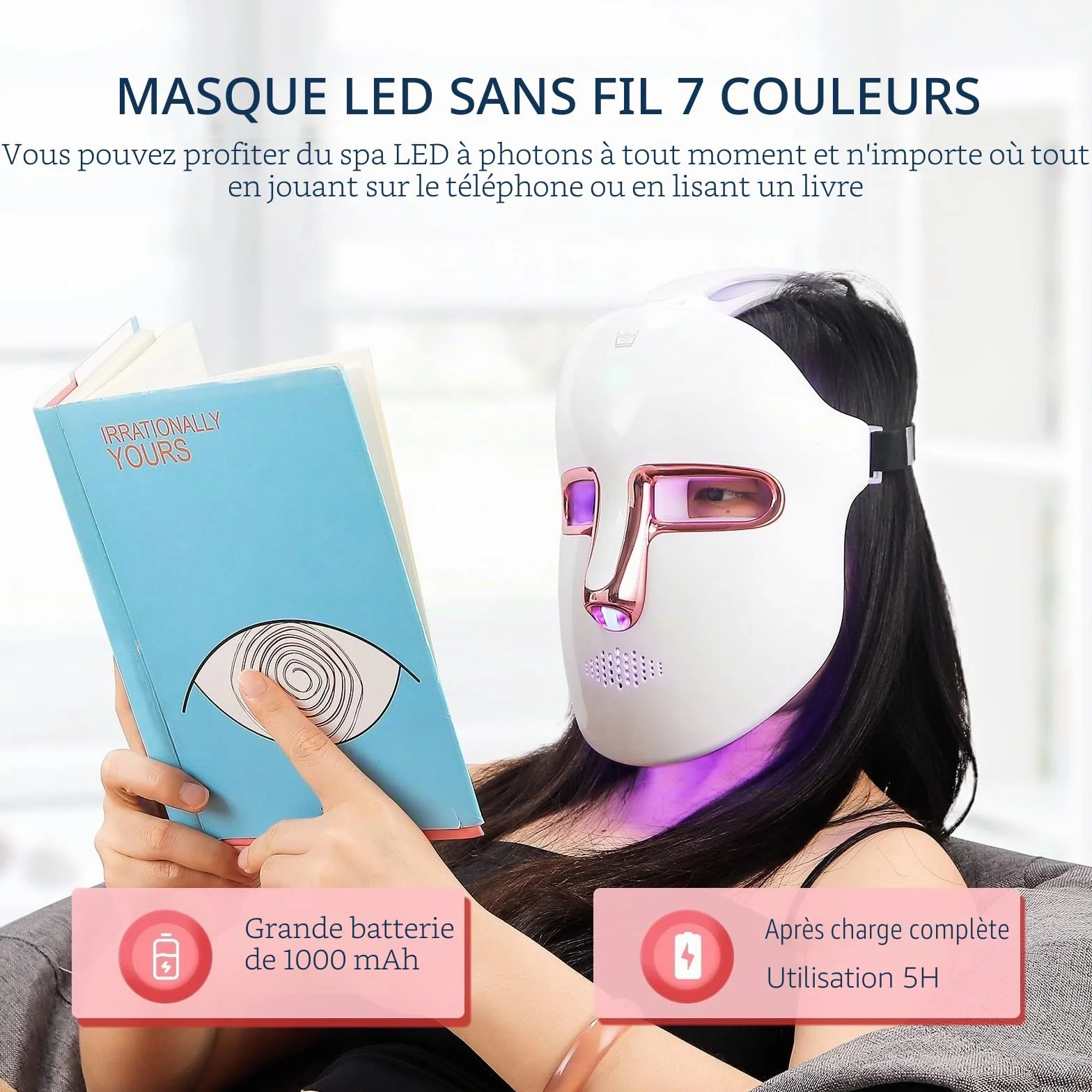 Masque de beauté LED sans fil, 7 couleurs avec 270 perles, masque lumineux LED rechargeable pour la beauté du visage, anti-anges, rajeunissement, raffermissant, rides lisses