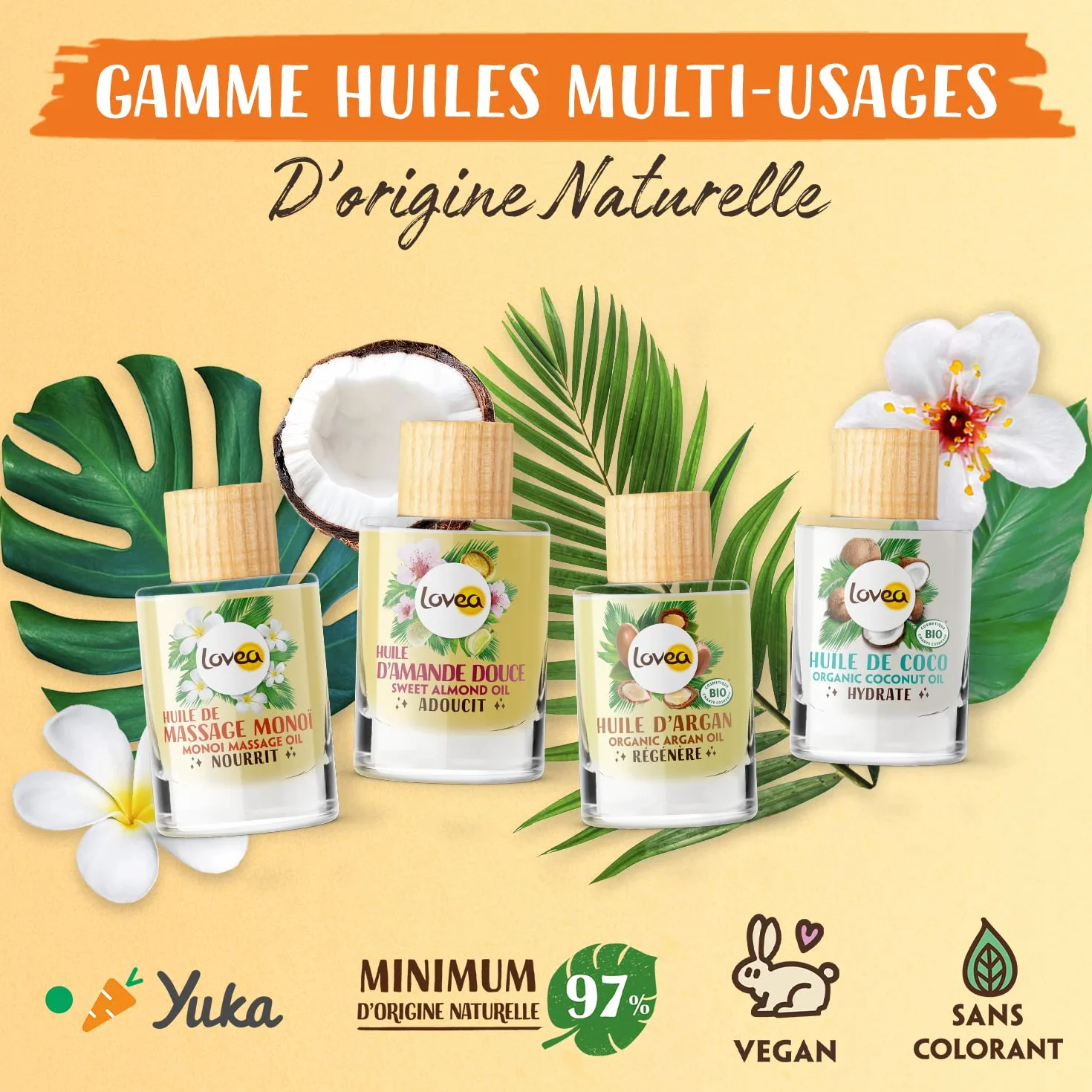 LOVEA Huile de Massage Corps Monoï Nourrit 97% Origine Naturelle Vegan 50 ml