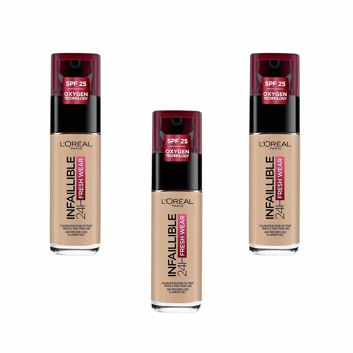 L'Oréal Paris Fond de Teint Fluide Infaillible 24h Fresh Wear - Tous Types de Peaux - 145 Beige Rosé, Lot de 3 (3 x 30 ml)