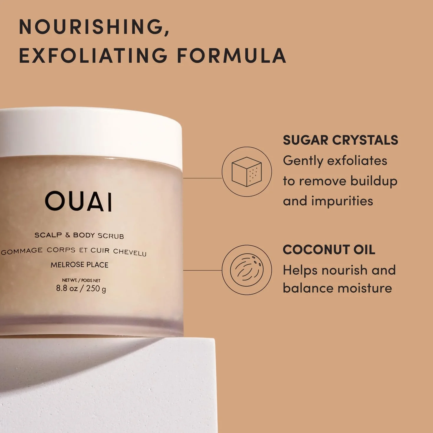 OUAI Gommage cuir chevelu & corps format voyage, Melrose Place - Gommage exfoliant au sucre + mélange d’huile de coco pour une peau lisse et hydratée - Exfoliant doux pour éliminer l’accumulation de p