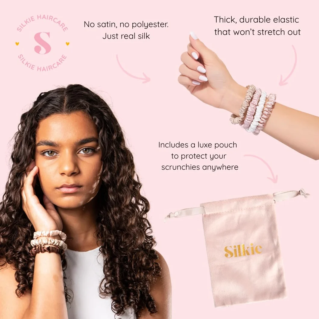 SILKIE Skinny Scrunchies Lot de 4 chouchous élastiques doux pour cheveux anti-casse en 100% pure soie de murier idéal pour tous cheveux bouclés raides épais fin avec pochette de voyage (Truffle)