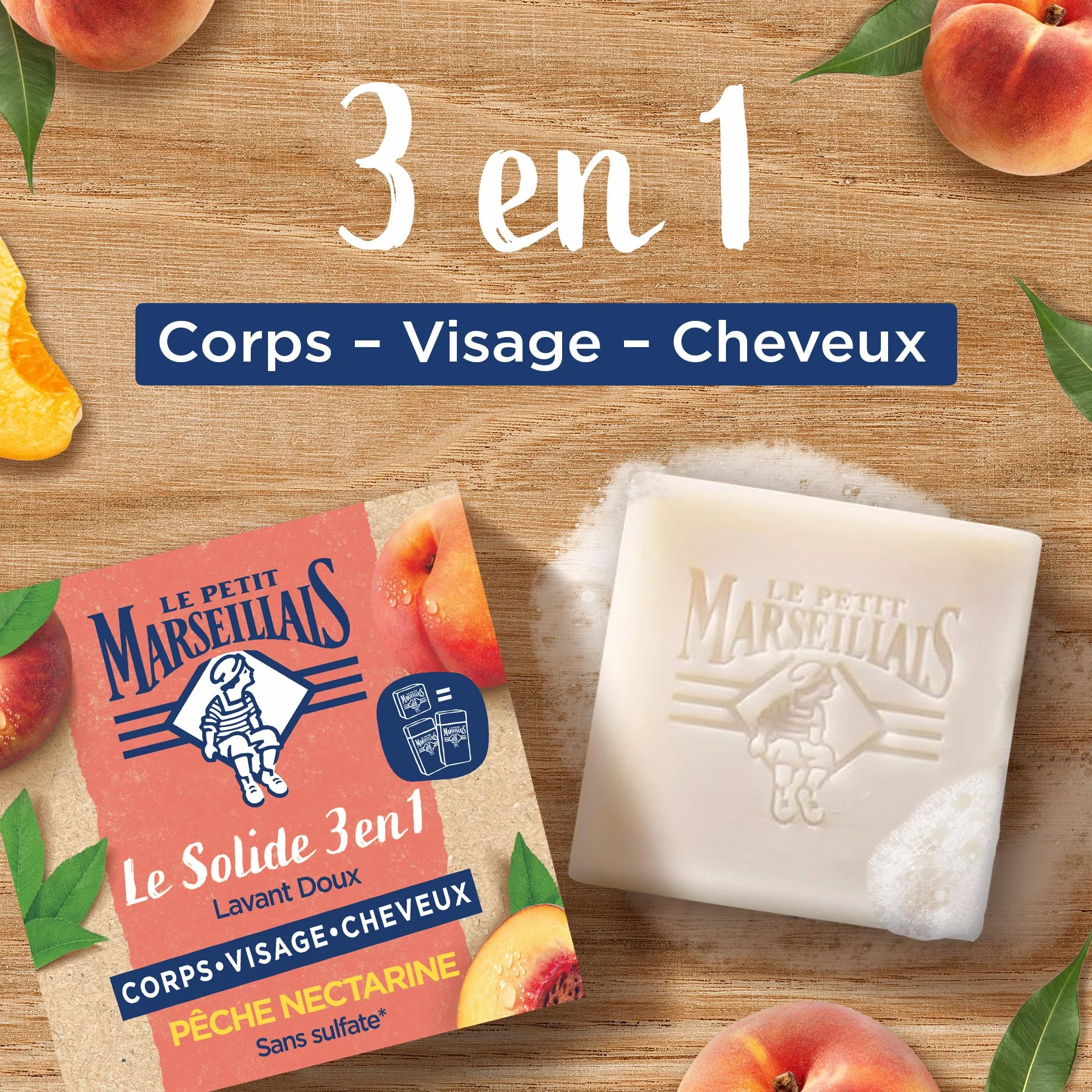 Le Petit Marseillais Le Solide 3 en 1 Lavant Doux Pêche Nectarine Savon solide corps visage cheveux sans sulfate équivalent 2 flacons gel douche