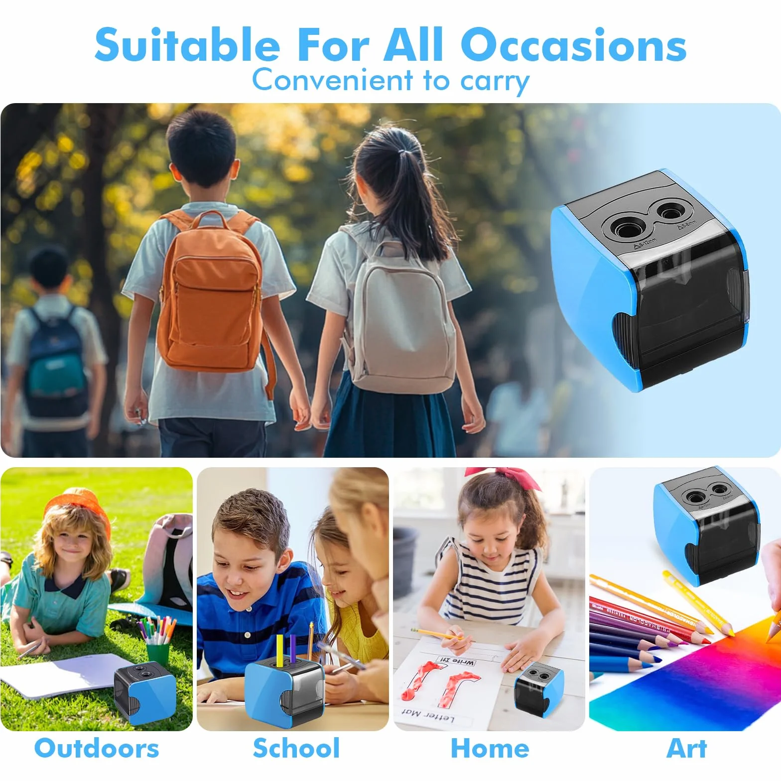 Taille Crayon Electrique 2 Trous 6-12mm, Alimenté par Batterie et USB, avec 4 Lames de Rechange