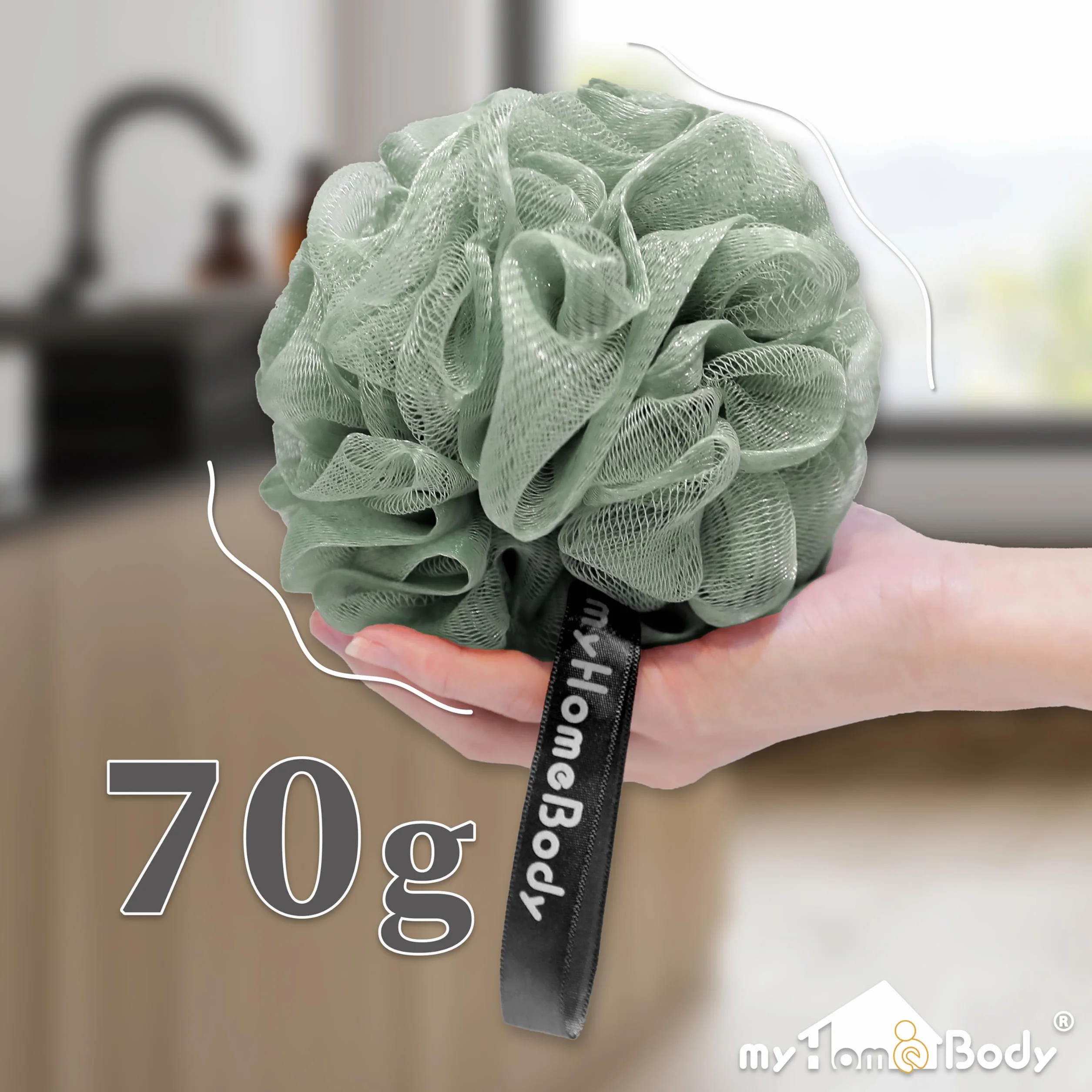 myHomeBody Grande éponge Loofah 70g - Pouf de douche exfoliant au charbon actif - 3 Packs (2 Graphite Gray + 1 Sage Green)