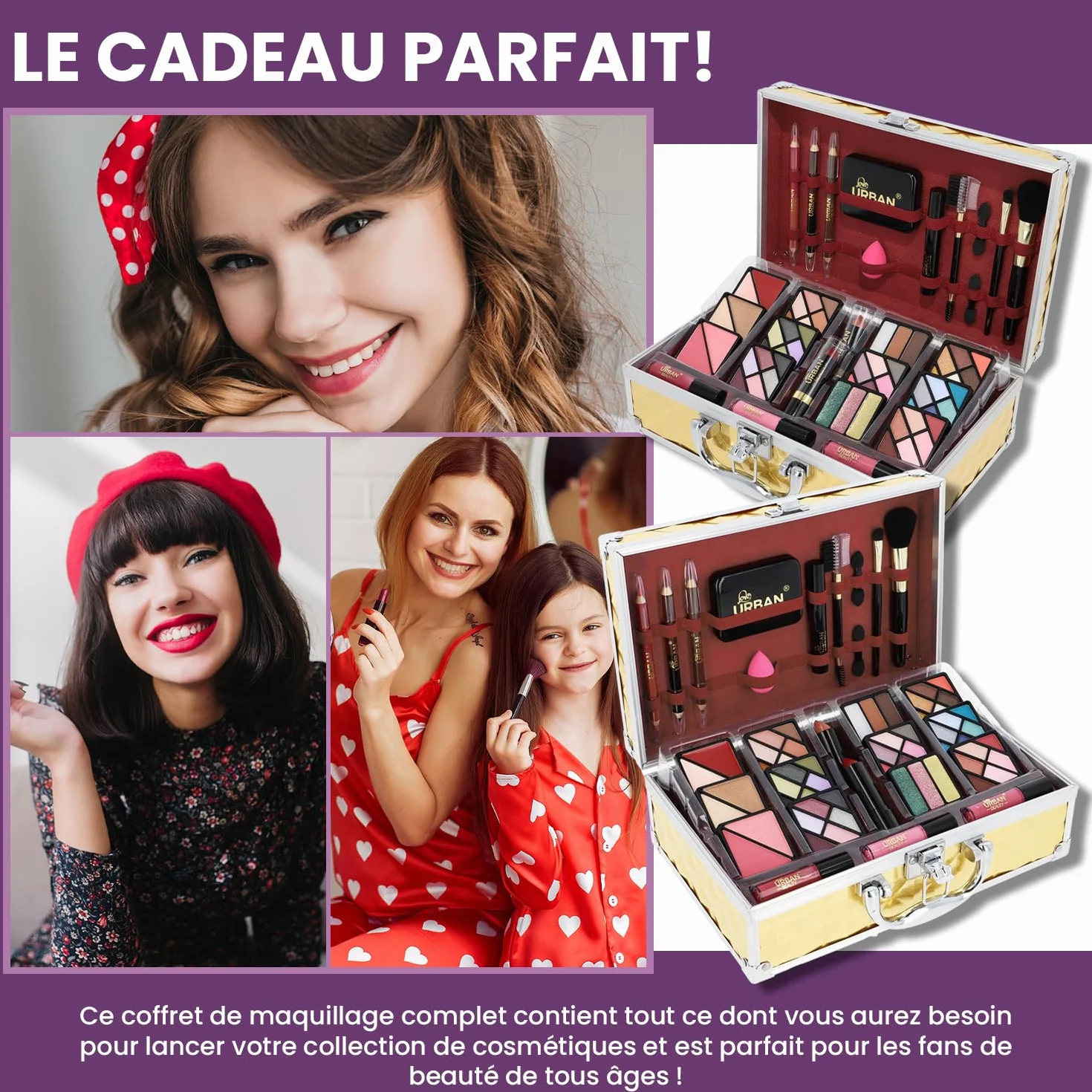 Trousse de Maquillage Végétalienne Love Urban Beauty Luxe Gold Touch Coffret Cadeau de Voyage 73 Pièces