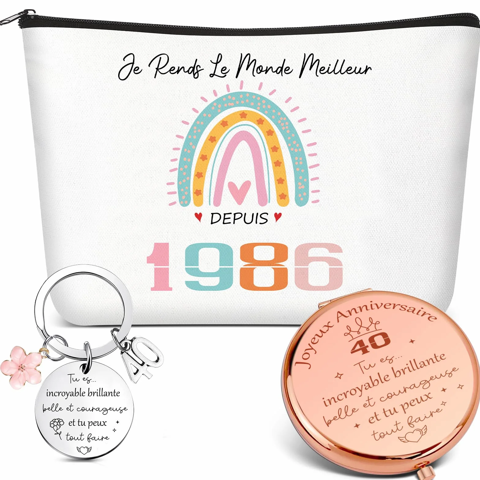 Xuniea 3 Pièces Trousse de Maquillage de Voyage Cadeaux d'Anniversaire 40 Ans pour Femmes 1986 Miroir de Poche Porte-Clés