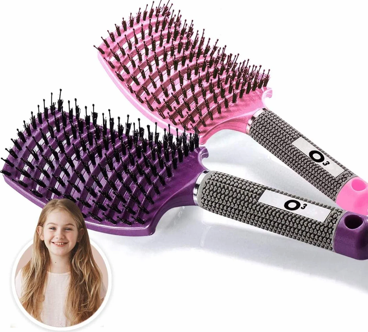 Brosses à Cheveux en Poils de Sanglier Démélant Naturel Set Rose et Violette