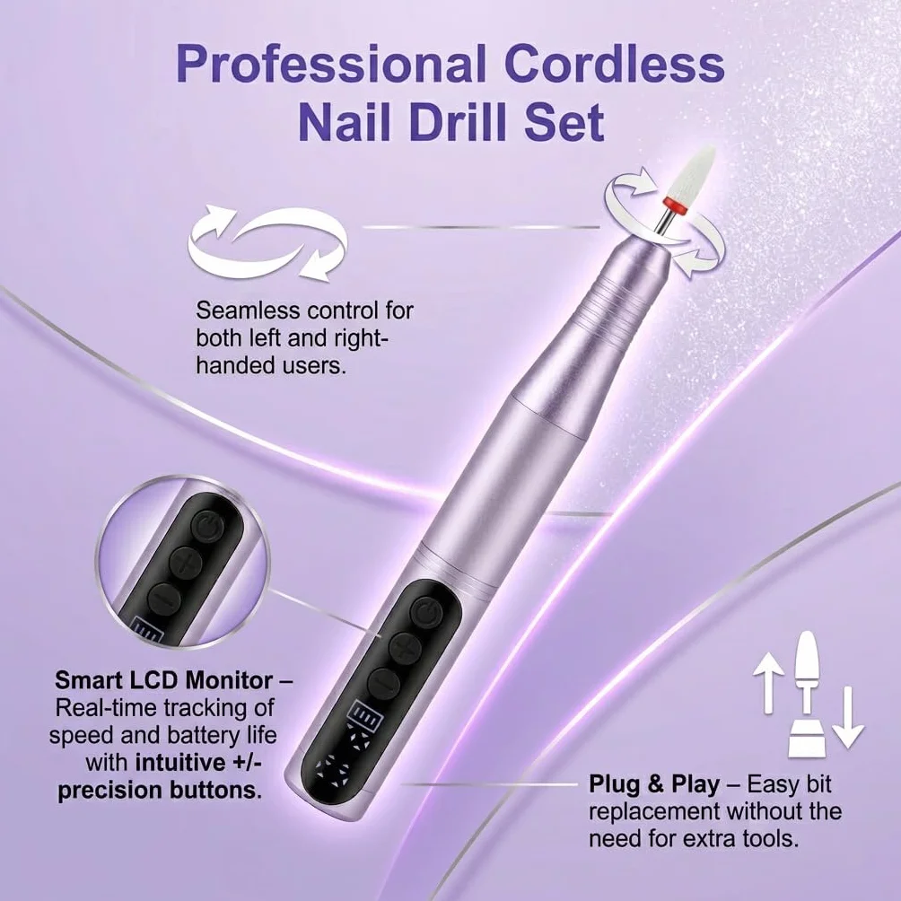 Ponceuse pour Ongles Professionnelle 35000 tr/min 12 en 1 Lime a Ongle Electrique Sans Fil avec Écran Numérique LCD et 12 Embouts Lime à Ongles pour Gel Acrylique et Semi Permanent