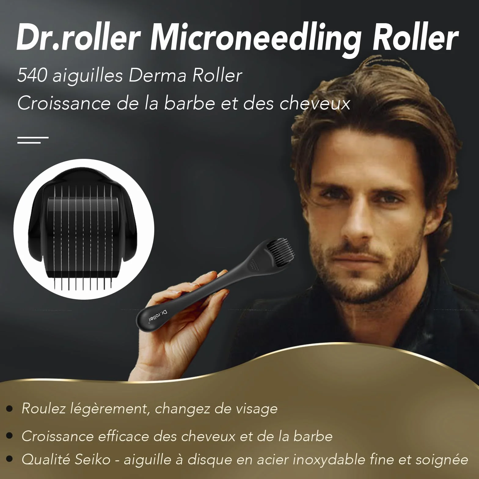 Derma Roller Cheveux Barbe 540 Aiguilles Titane 0.5mm Microneedling Rouleau