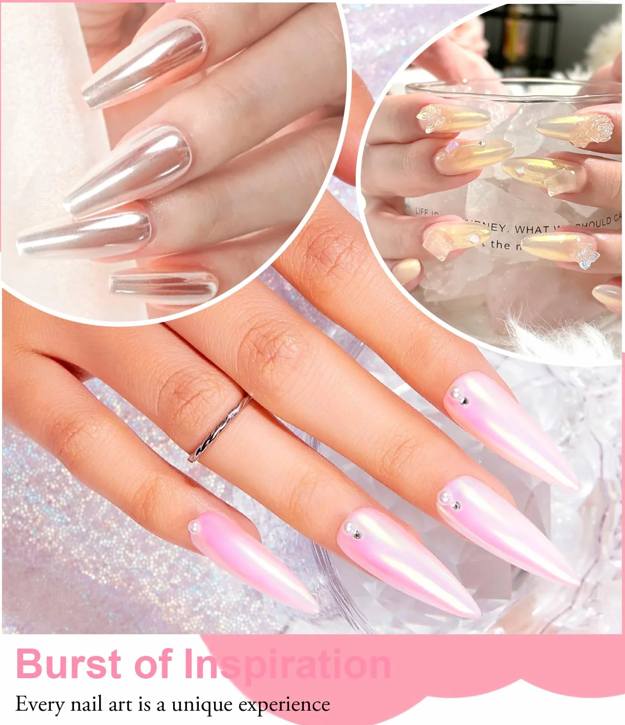 Poudre Chrome Ongle Nacrée BISHENGYF 3Pcs Aurora Poudres Chromée Ongle Blanches Transparente Holo Paillettes Ongles Effet Miroir Nail Art DIY
