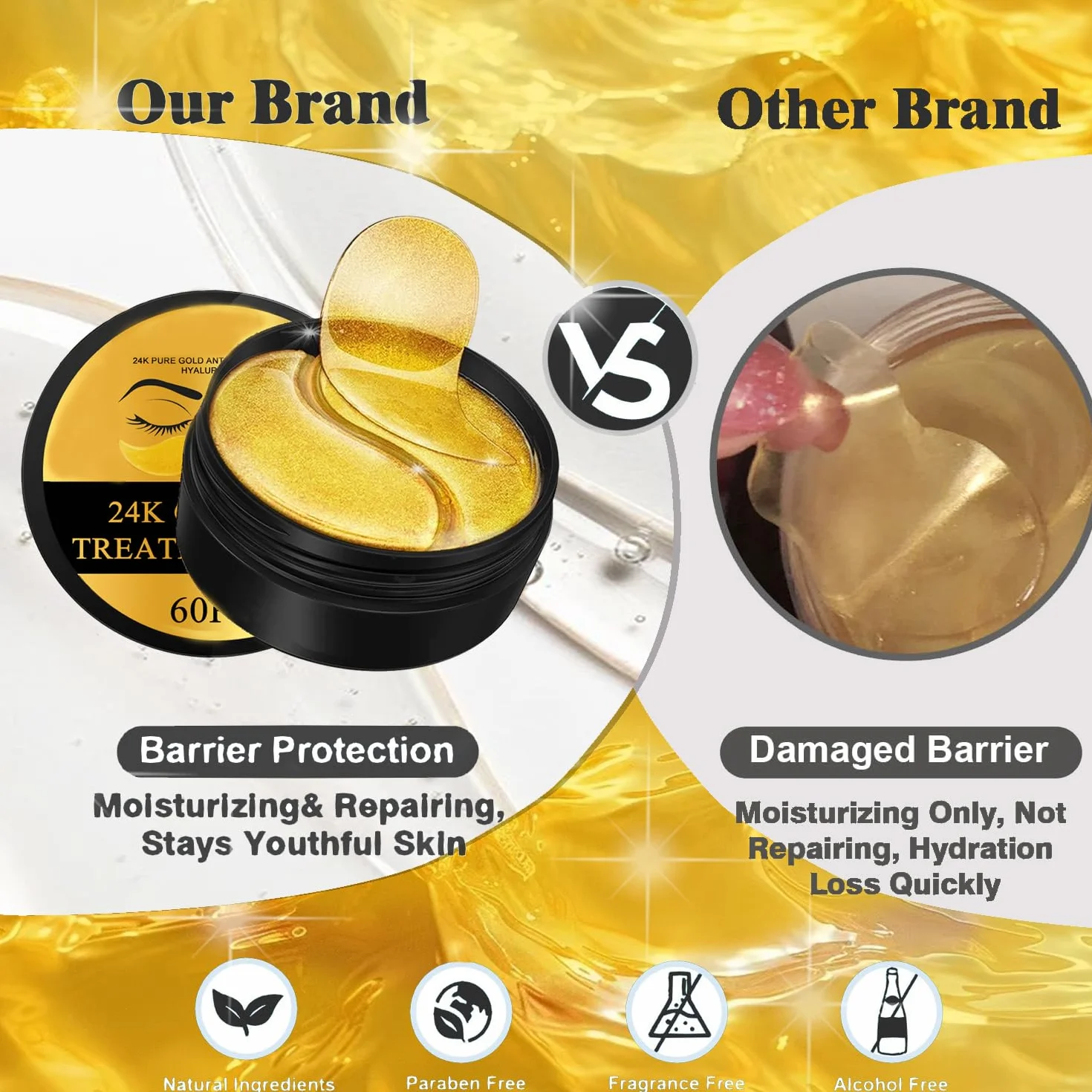 Masque pour les yeux en or 24 carats, patchs de gel sous les yeux, 30 paires (60 pièces)