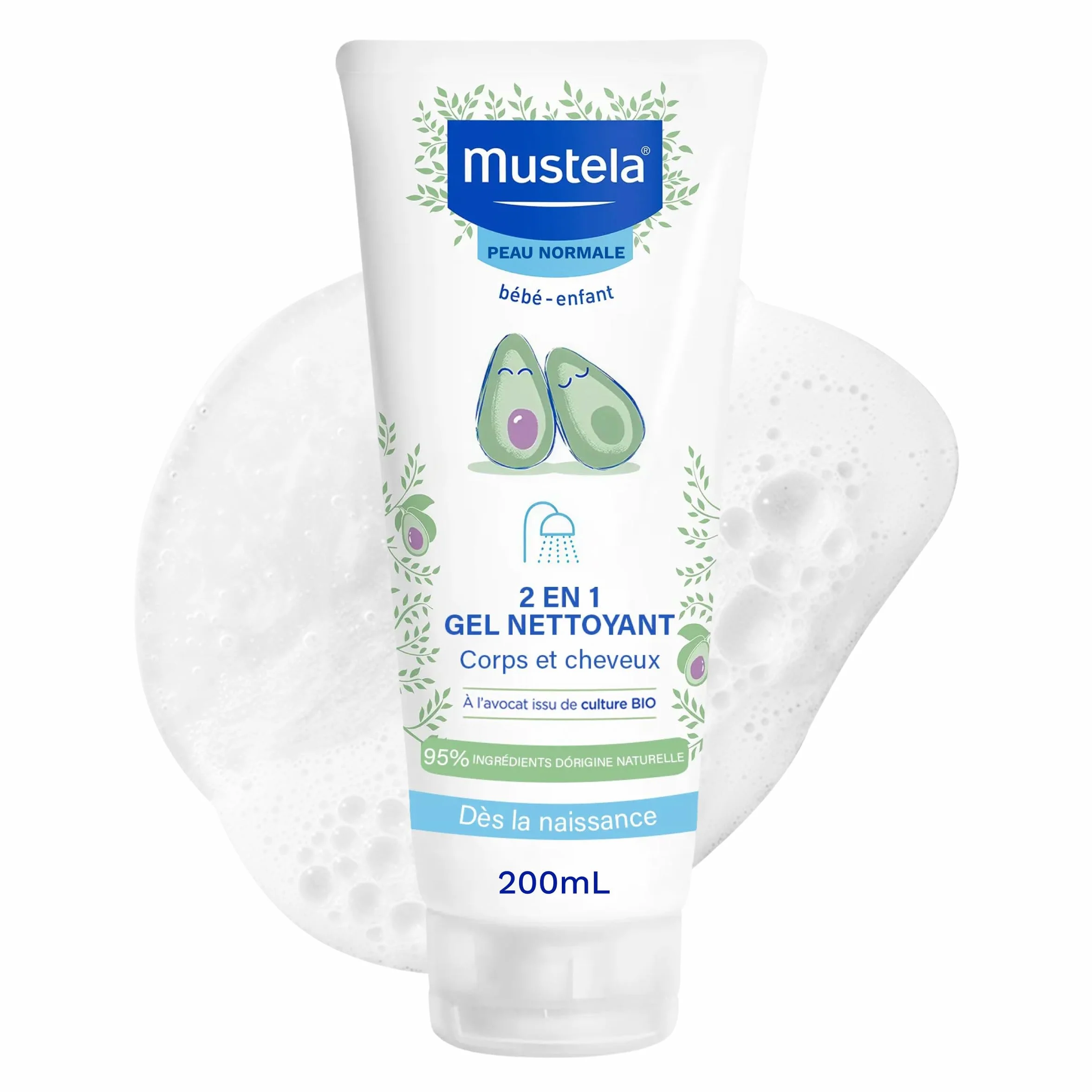 Mustela Gel Nettoyant 2 en 1 Bébé à l'Avocat Bio 200ml Shampoing Corps et Cheveux Sans Piquer les Yeux
