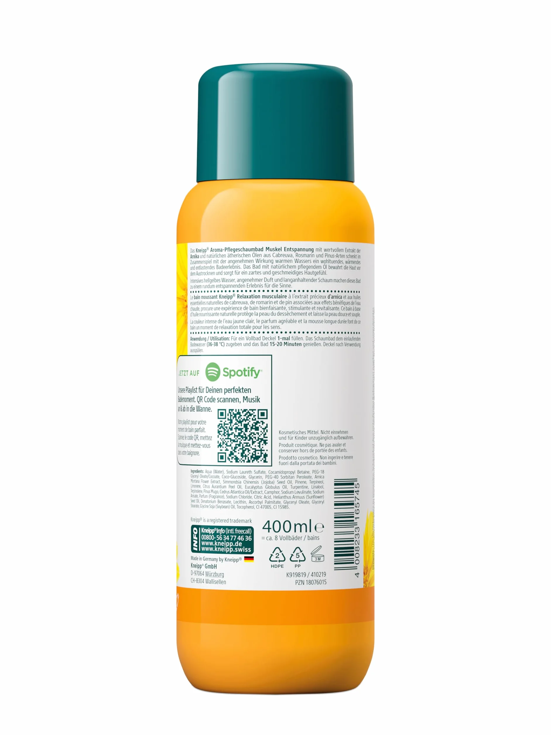 Kneipp Bain de mousse relaxation musculaire extrait d'arnica huiles essentielles cabreuva romarin pinus chauffante 400 ml