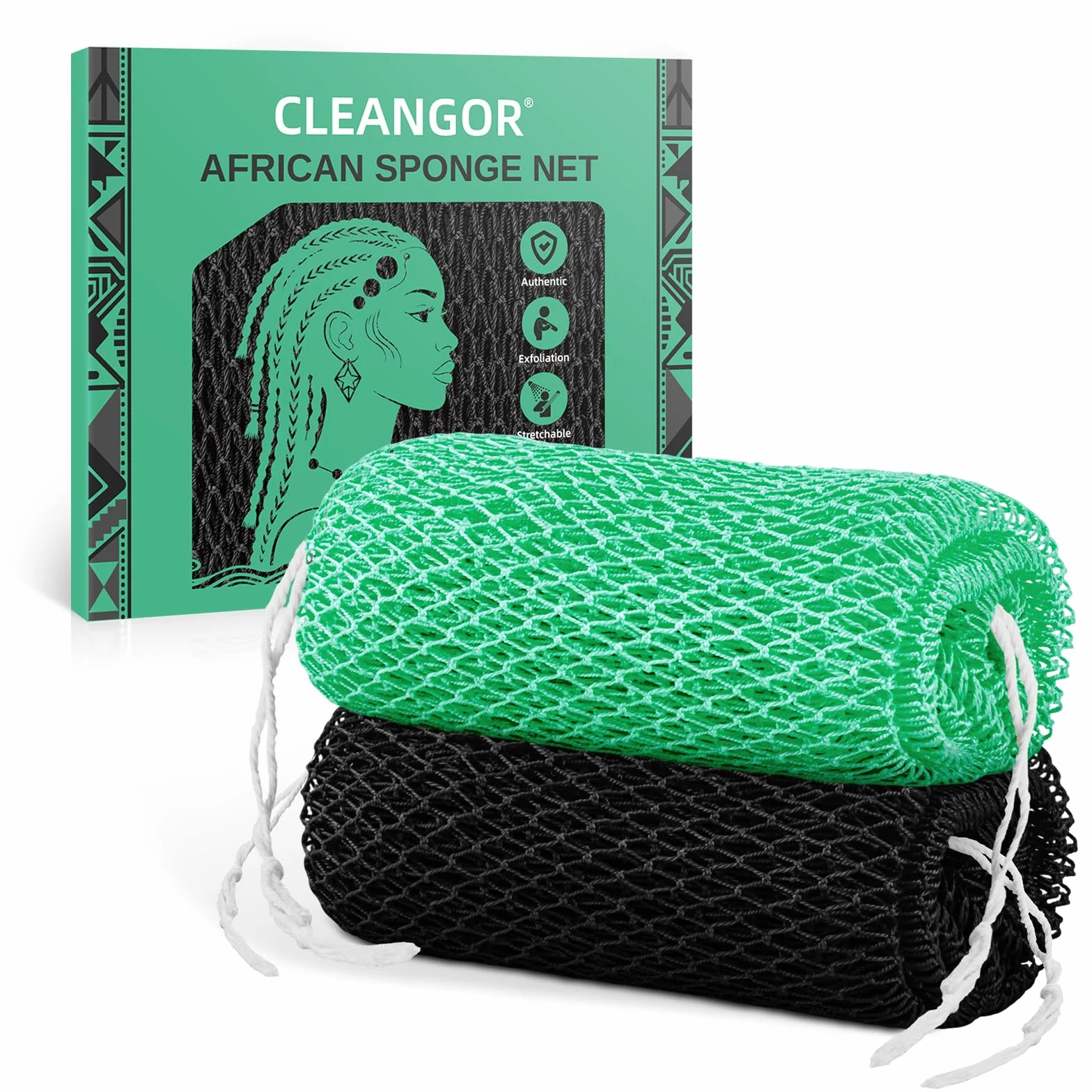 Cleangor Filet à Bain Africain Éponge Exfoliante Corps Douche Gant Soie Noir Vague Marine