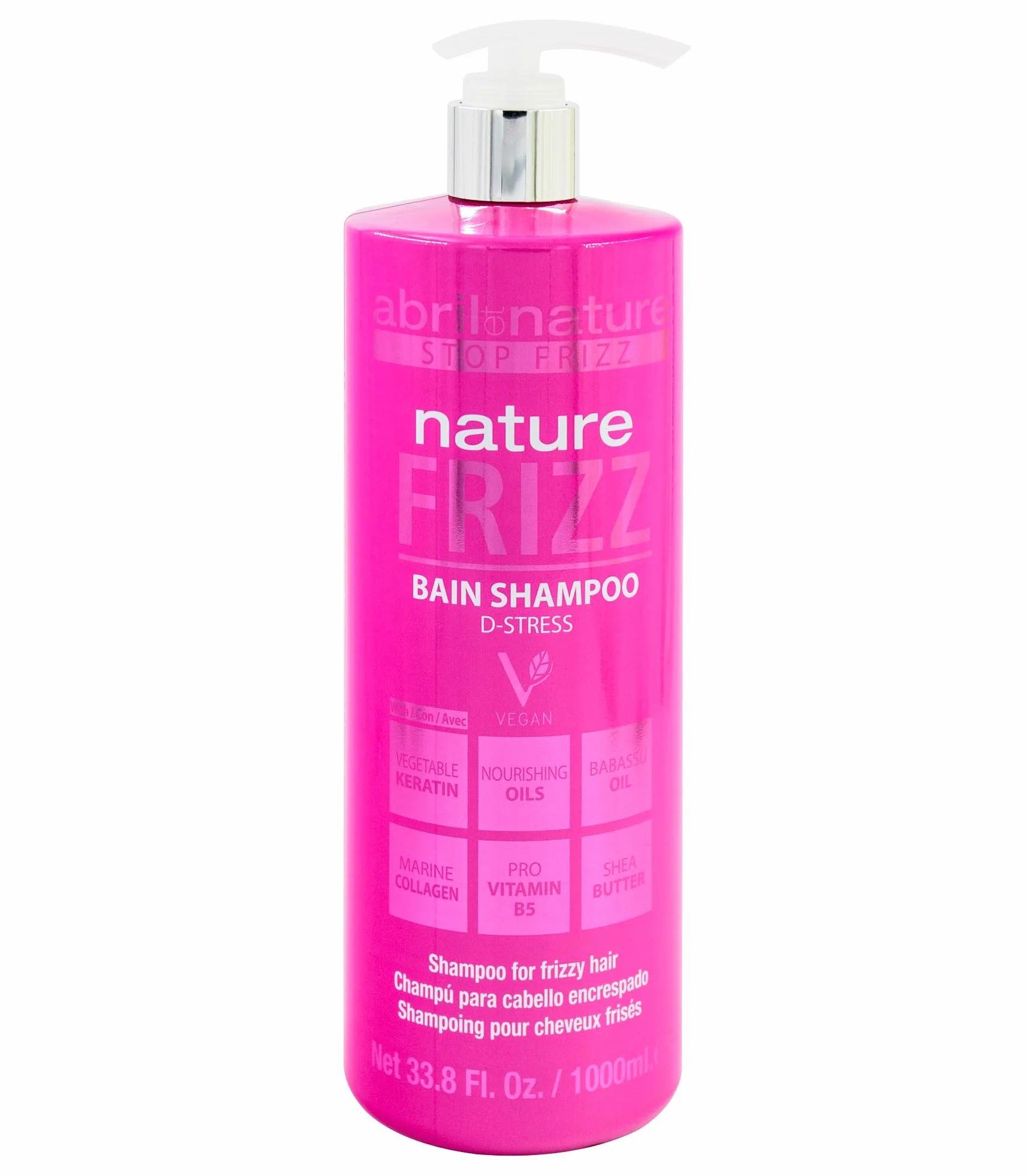 abril et nature - Shampooing Professionnel Nature Frizz - Pour Cheveux Frisés - Hydrate et Maintient les Cheveux Lisses - Plus Doux et Brillants - Traitement Vegan - Anti-Frisottis - 1000 ml