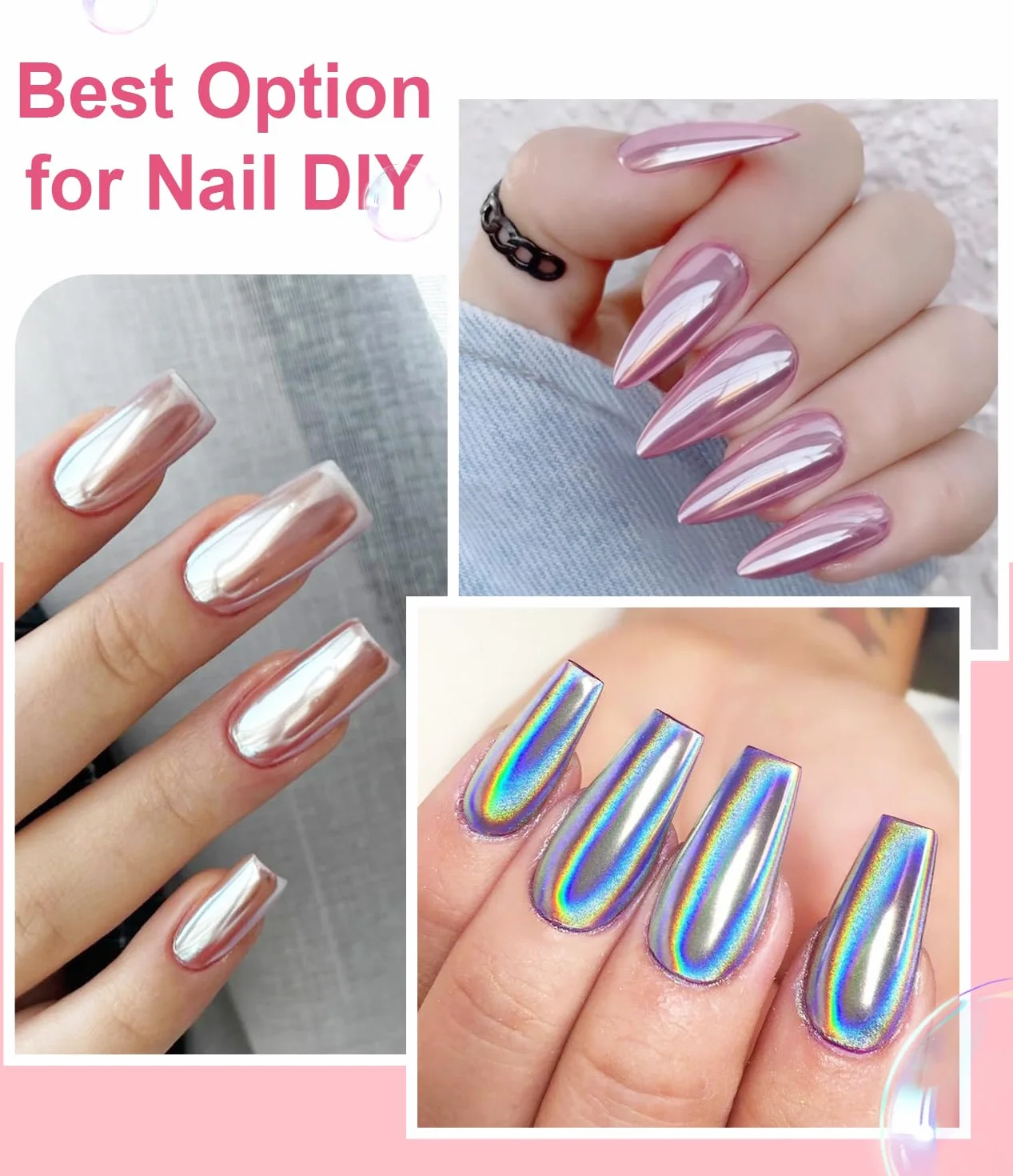Lot de 6 Poudres à Ongles Chromée Effet Miroir Métallique Nail Art
