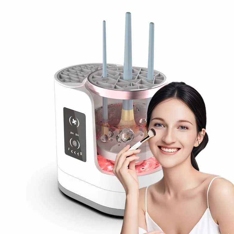 Machine de nettoyage électrique 3 en 1 pour pinceaux de maquillage avec support de séchage de pinceaux de maquillage, synchronisation automatique, outil de nettoyage pour toutes les tailles de