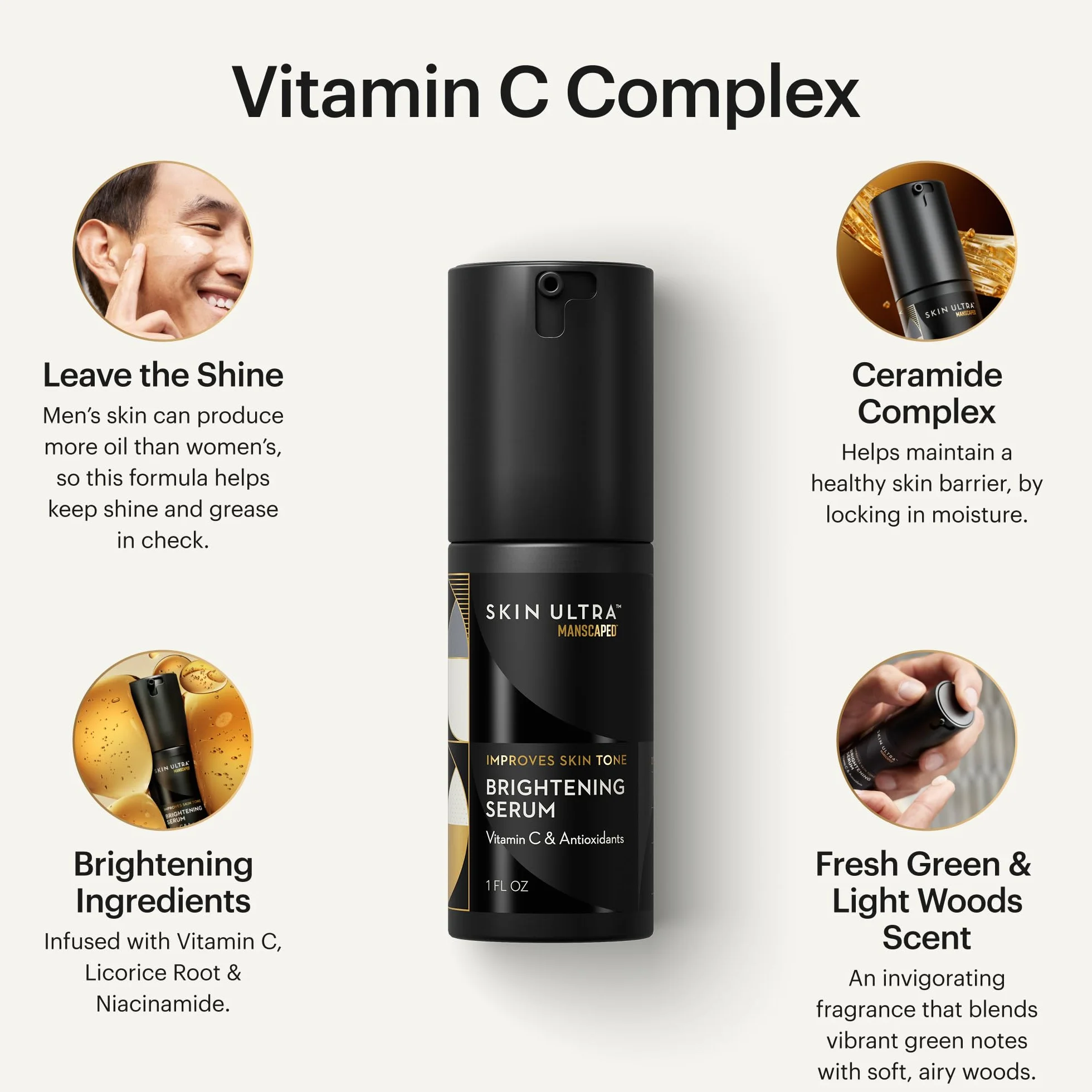 MANSCAPED® Skin Ultra™ Sérum Éclat Visage - Sérum à la Vitamine C pour Homme, Formulé pour Unifier le Teint et Atténuer l'Apparence des Rides, Enrichi en Racine de Réglisse et Niacinamide, 30 ml