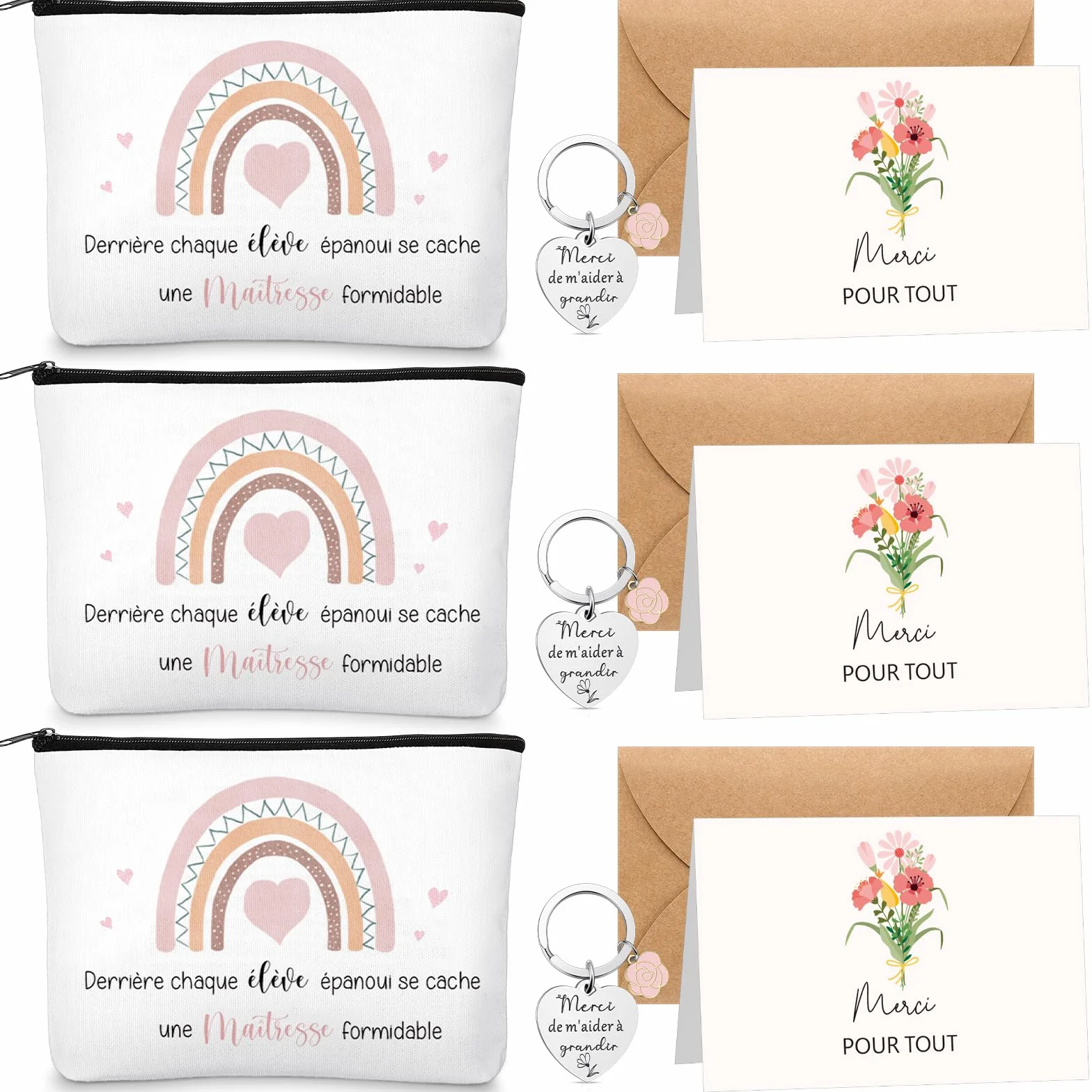Hestya 3 Sets Cadeaux Merci pour Maîtresse d'École Trousse de Maquillage Enseignant Porte-Clés avec Gravure Pochette Cadeau de Remerciement Carte avec Enveloppe pour Professeur Fin d'Année Graduation