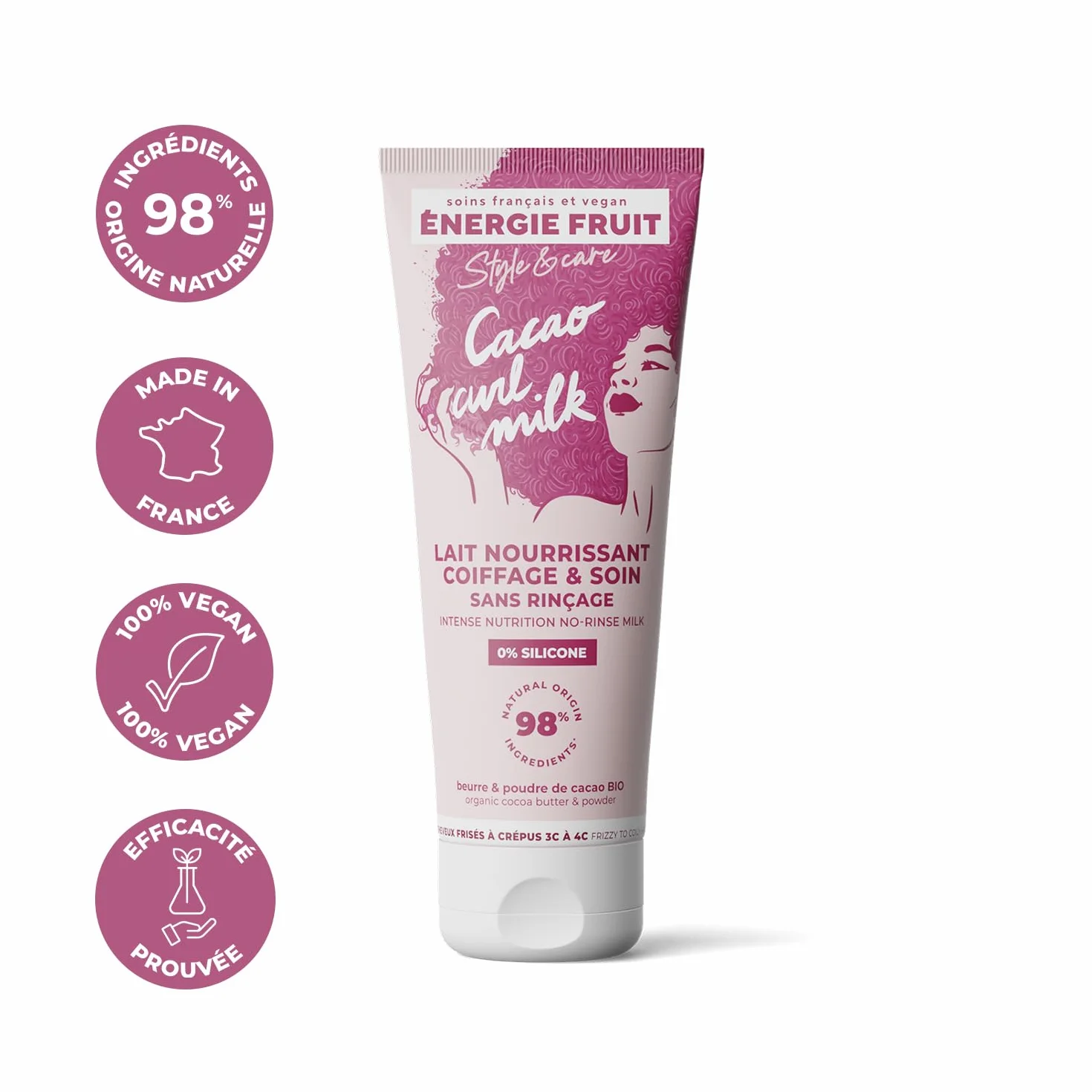 Lait coiffant sans silicone ENERGIE FRUIT Beurre & poudre de cacao Cheveux Frisés Crépus Vegan 200 ml