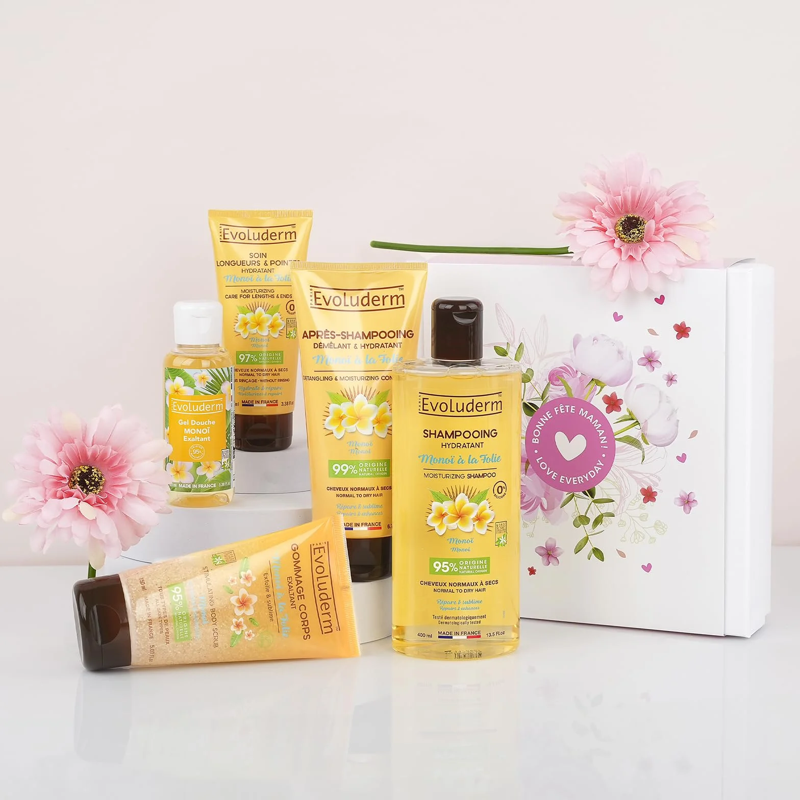 EVOLUDERM - Coffret Cadeau Fête des Mères Bain Femme - Soins Corps & Cheveux au Monoï de Tahiti - 5 Produits + Fleur de Douche - Végan - Idée Cadeau - Coffret Cadeau Fête des Mères (Maman)