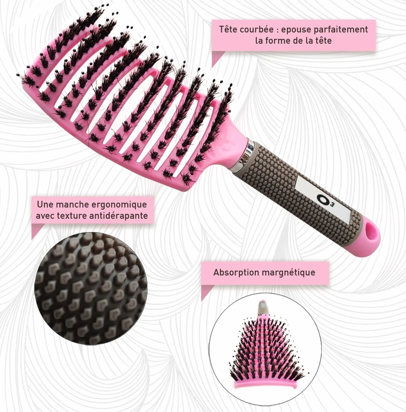 Brosses à Cheveux en Poils de Sanglier Démélant Naturel Set Rose et Violette