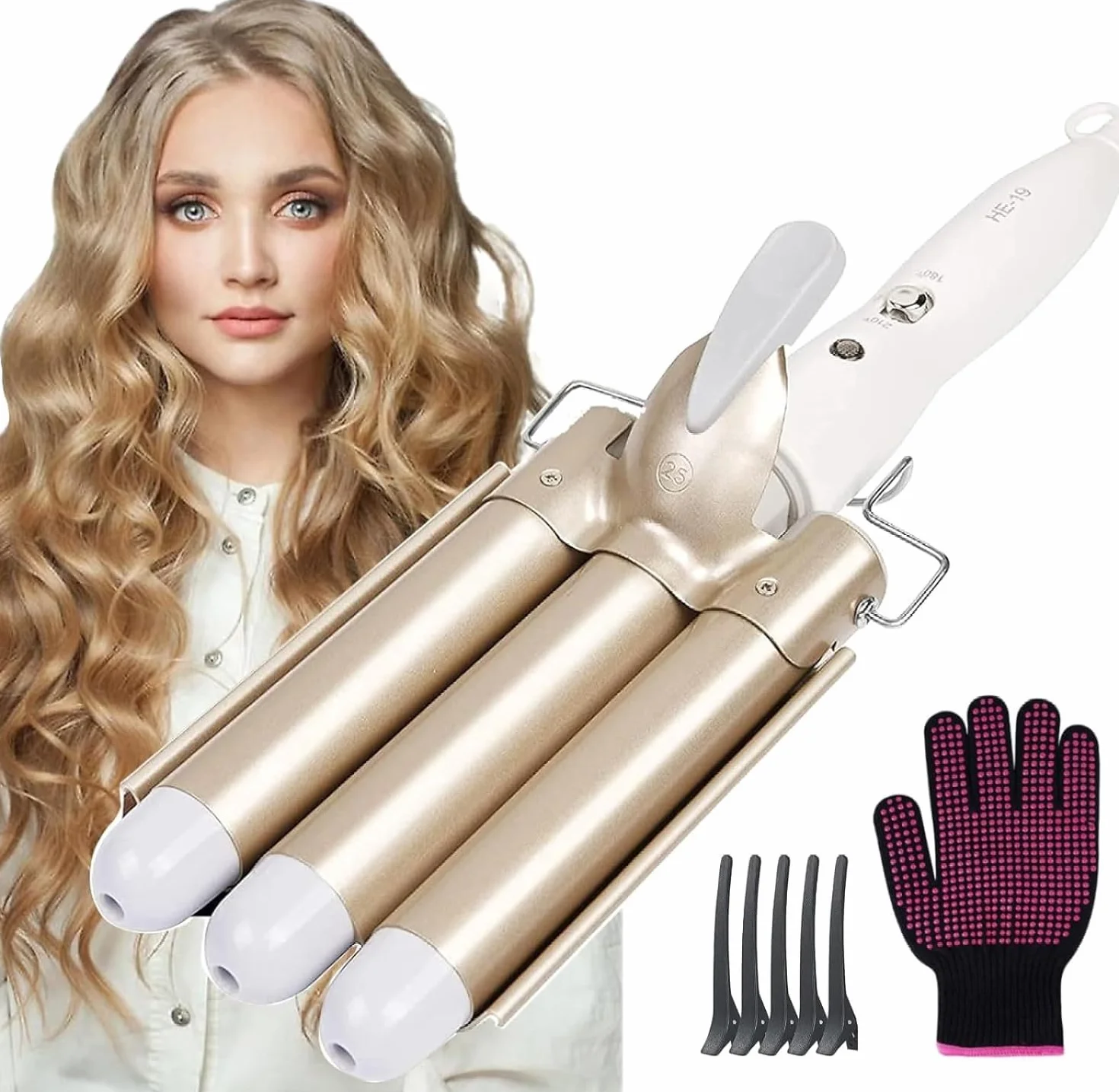 Flintronic Fer à onduler, 22mm Fer à boucler en Céramique avec Température Réglable, Boucleur à Cheveux Céramique Tourbaline, Bigoudis pour Cheveux Long Courts pour Femme Avec 5 clips Pour Voyageur