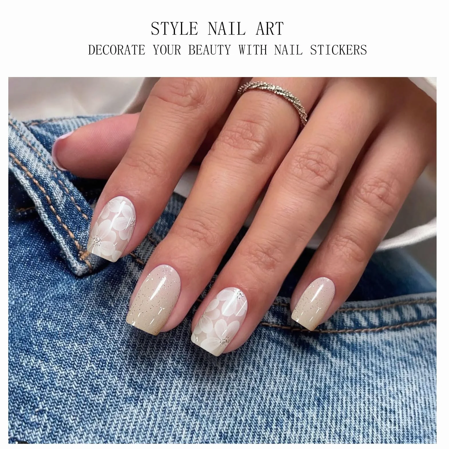 Autocollants pour ongles UV/LED motifs fleurs blanches pailletées semi-durci