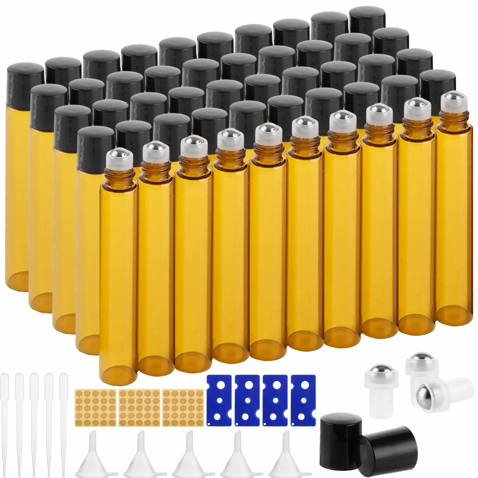 CYEER Lot de 50 Flacons Roll-on 10 ml en Verre Ambré – Bouteilles à Bille en Acier Inoxydable pour Huiles Essentielles & Parfums – Kit Complet avec Entonnoirs, Pipettes & Étiquettes pour DIY & Voyage