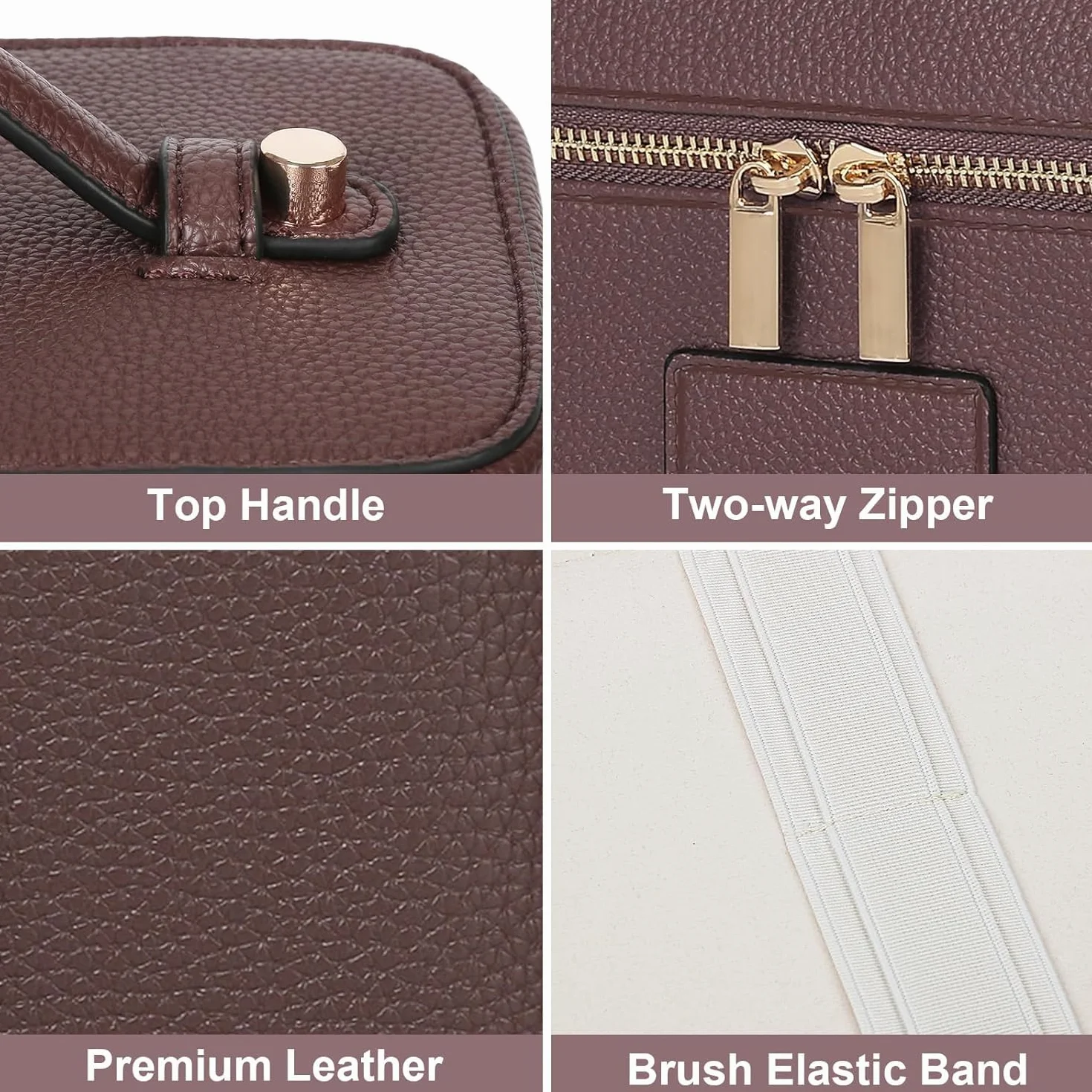 Trousse de Maquillage en Cuir Femme, Trousse de Toilette Voyage avec Compartiments Amovibles, Pochette Rangement Maquillage Portable (Café)