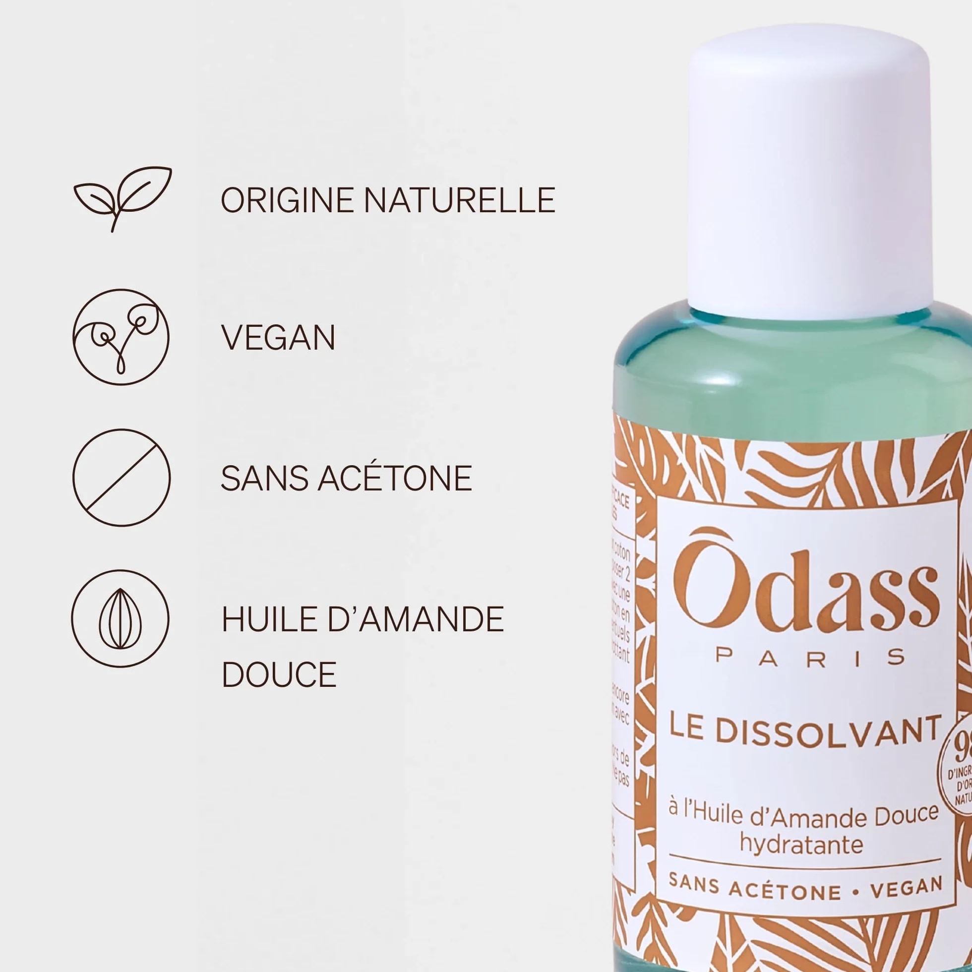 Odass Paris Le Dissolvant Sans Acétone Bio Sourcé 98% d'Origine Naturelle Huile d'Amande Douce Fabriqué en France 100ml