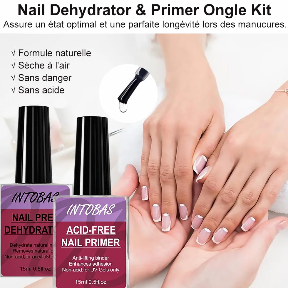 INTOBAS Primer Ongle Gel UV et Déshydrateur Ongle 15ml*2pcs - Nail Prep Primer Vernis Semi Permanent Acrylique Gel Ongle Acid Free Kit Professionnel