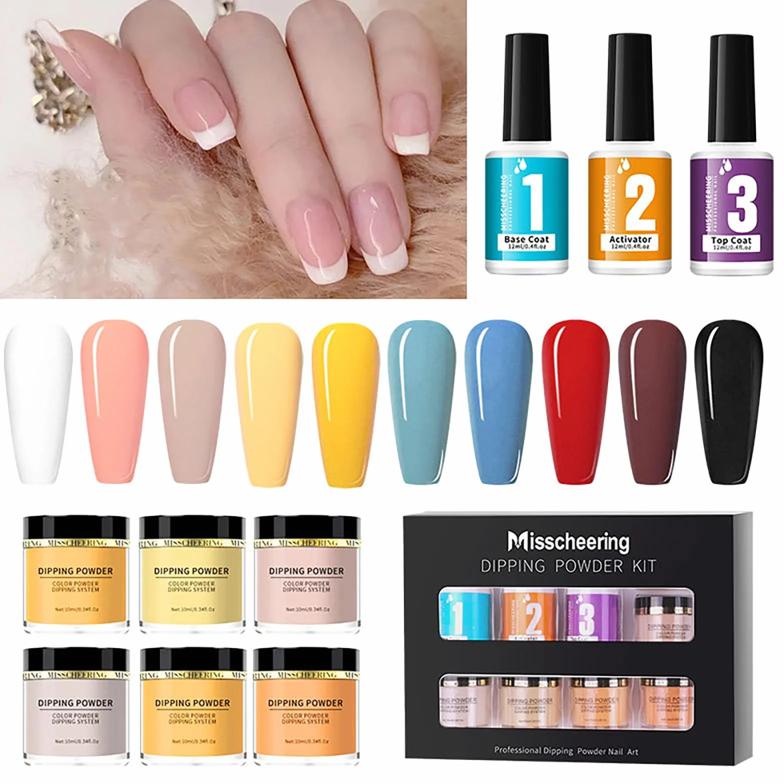 RoseFlower Dipping Powder Nails Kit 6 Couleur Nue Poudre Ongle Rouge Violet Base Top Coat Ensemble Français