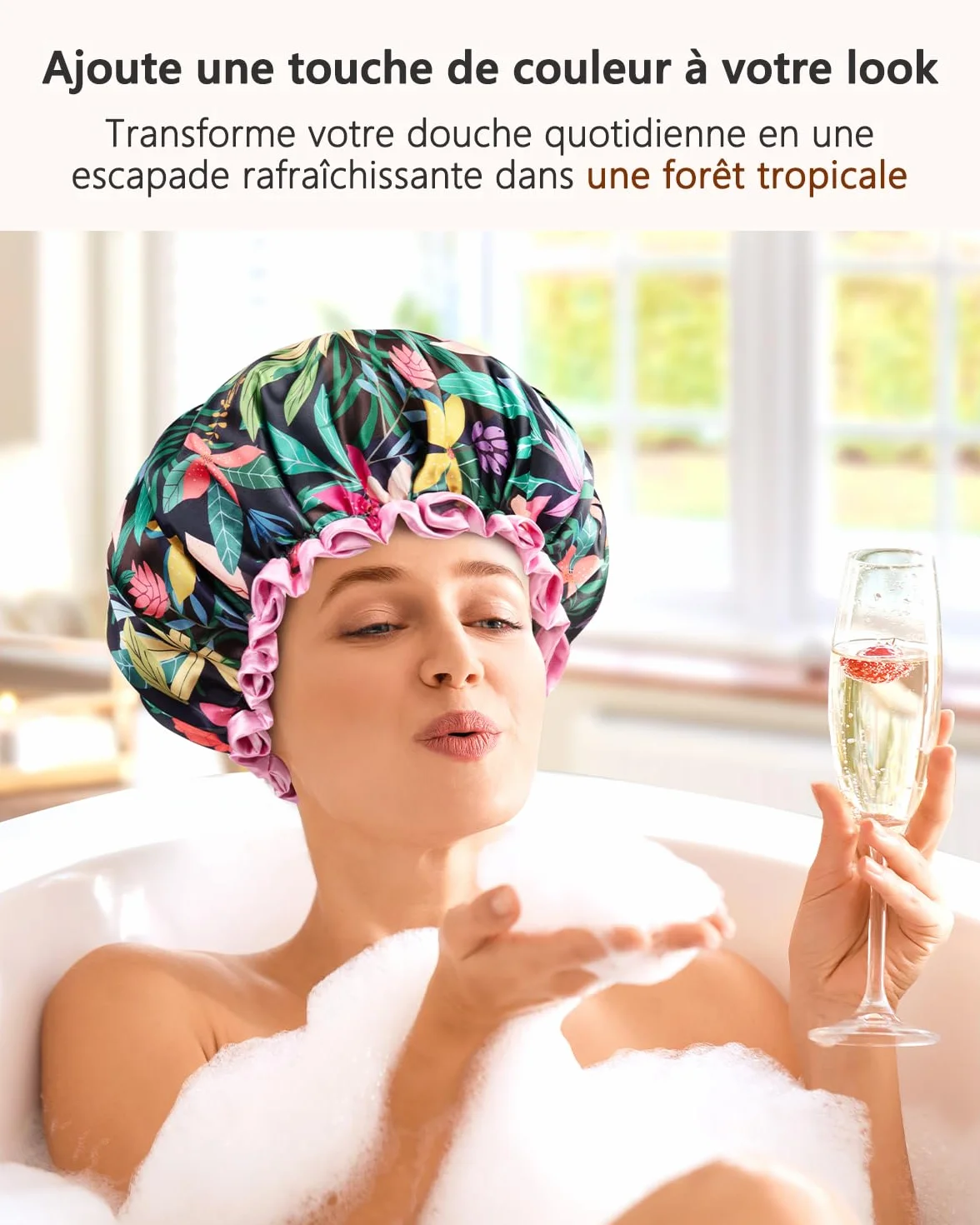 Bonnet de Douche pour Femmes, Imprimé Forêt Tropicale, Imperméable, Élastique, Réutilisable, 2 Pièces