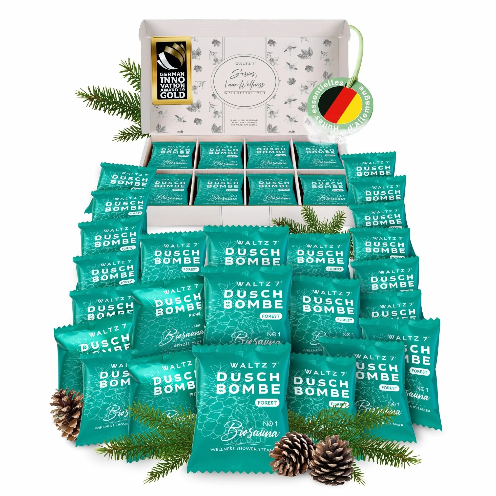 Bombes de Douche Épicéa Set 32 Sachets Aromathérapie Calmant Revigorant Relaxant Coffret Cadeau
