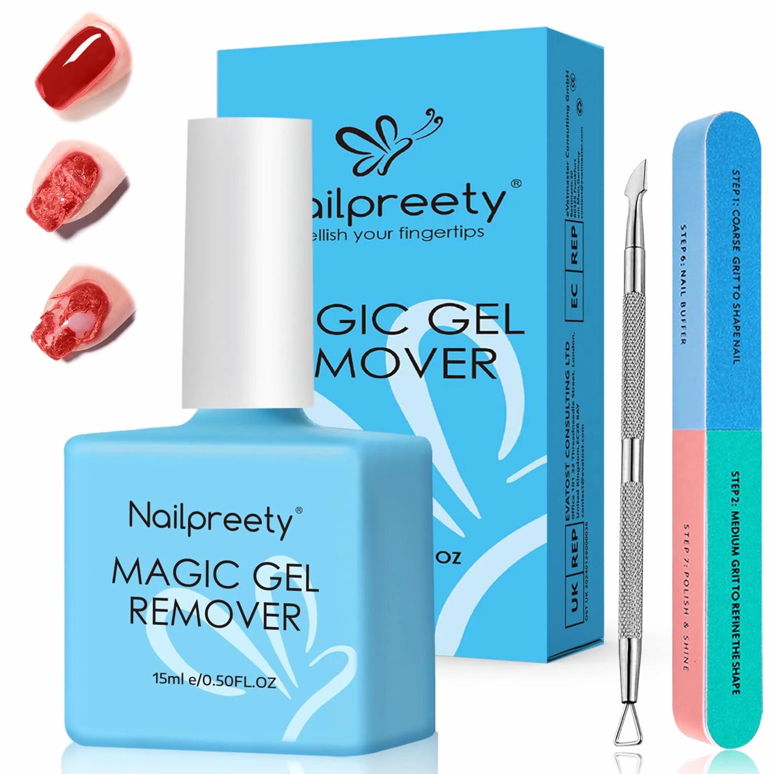 Dissolvant Vernis Semi Permanent 15ml, Gel Nail Polish Remover 3-5 min, avec Lime à Ongles et Cuticle Pusher