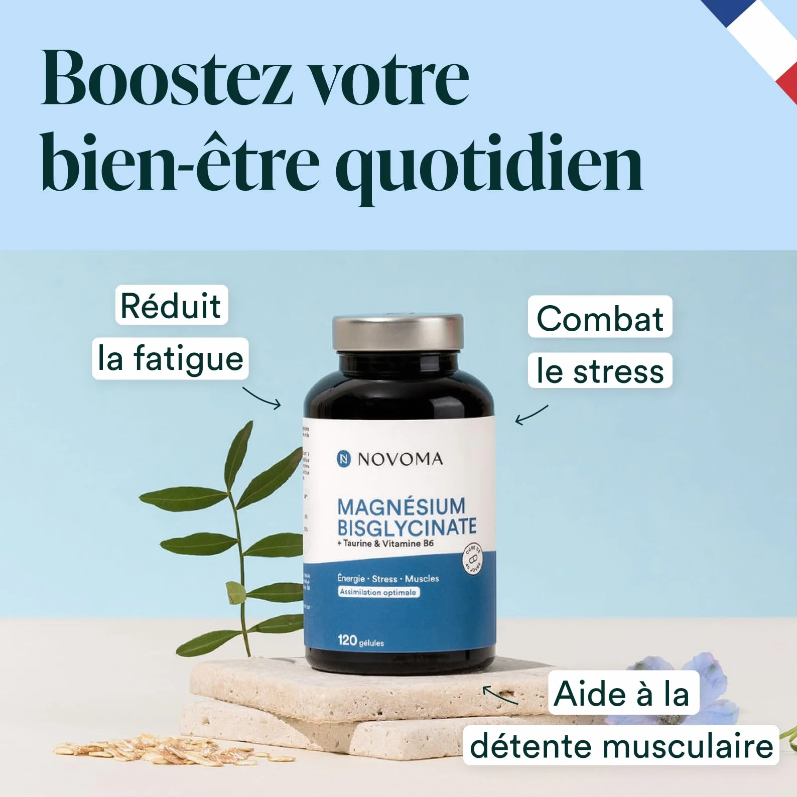 NOVOMA Magnésium Bisglycinate Taurine Vitamine B6 300mg 120 gélules Fatigue Stress Fabriqué en France