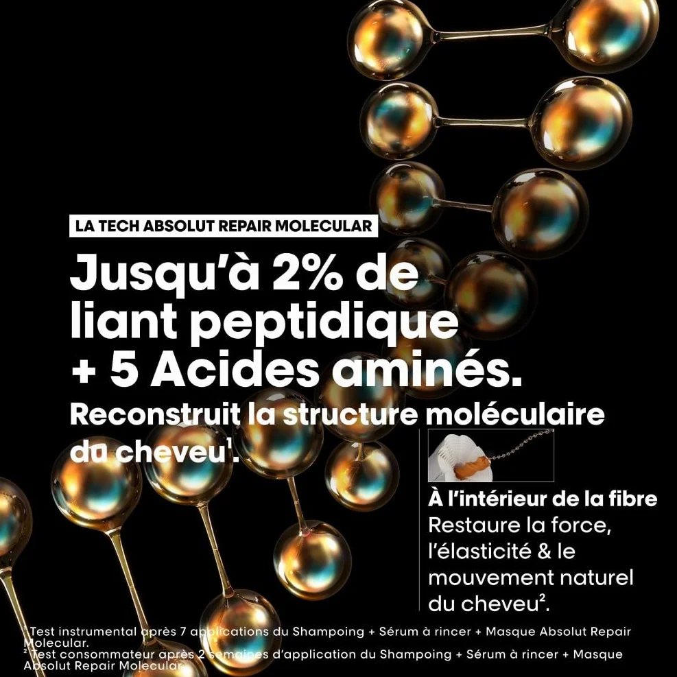 L'OREAL PROFESSIONNEL Absolut Repair Molecular Réparation Thermoprotection Cheveux Très Abîmés Raides à Bouclés Répare 2 Ans Dommages +97% Force